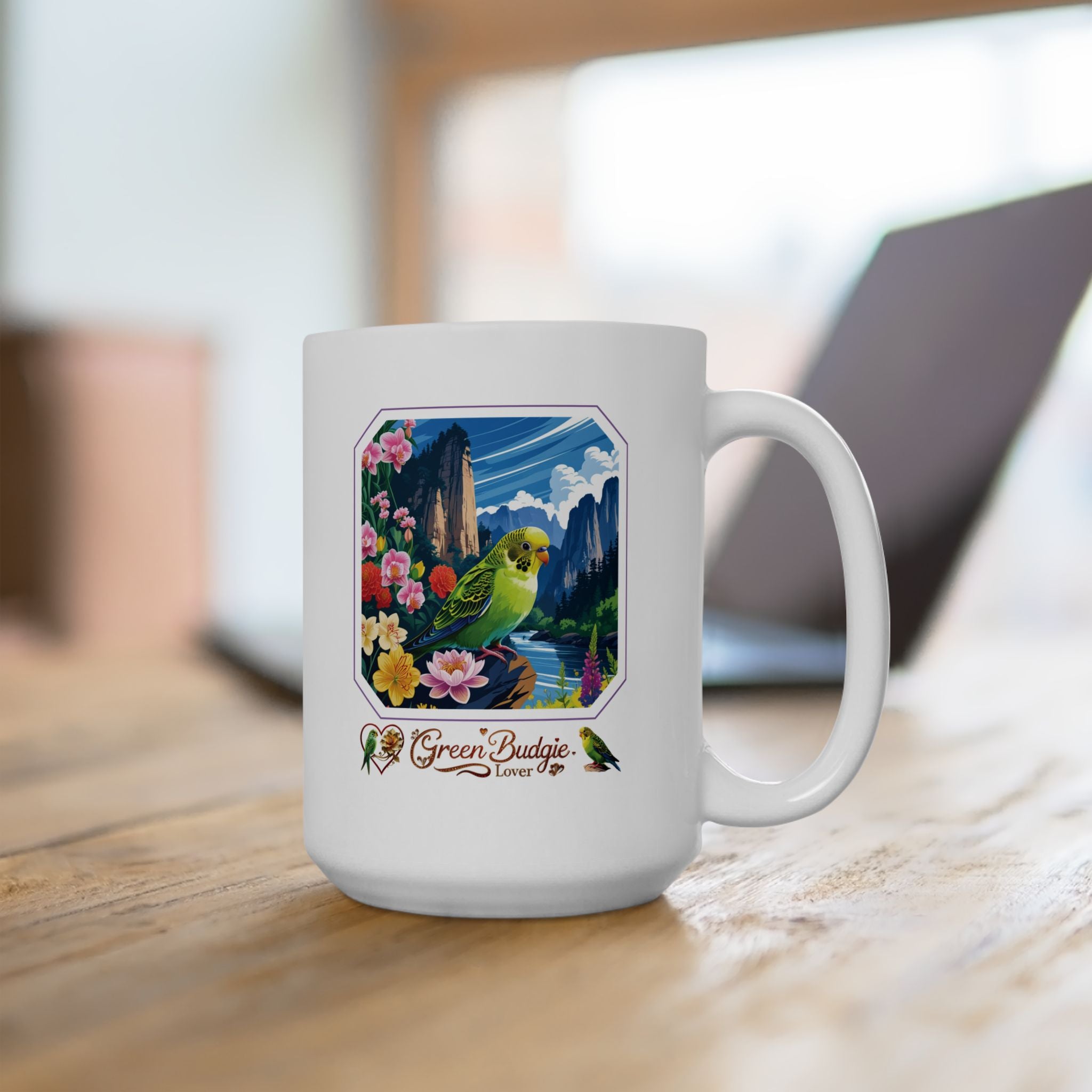 Green Budgie Spring Mountain Mug