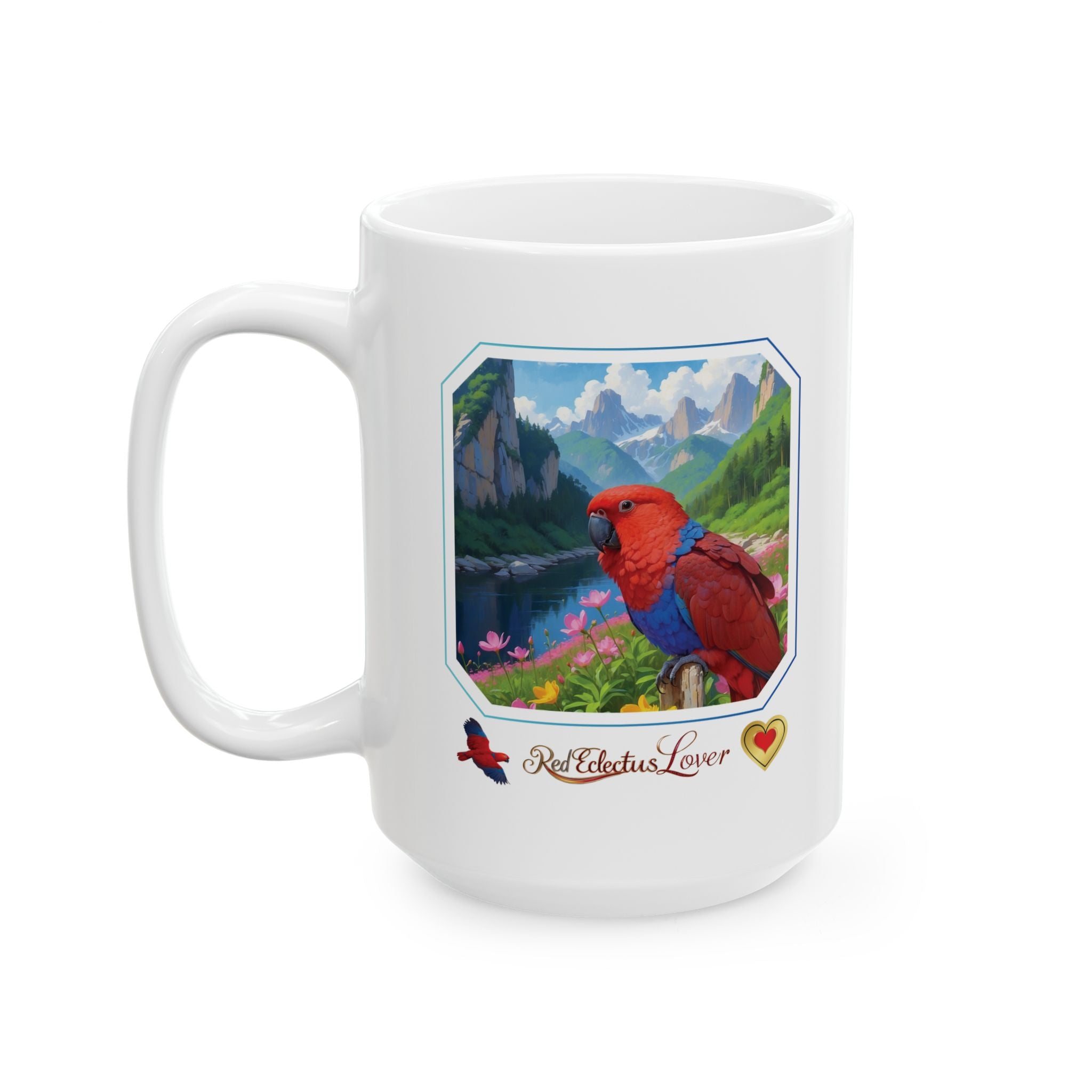Red Eclectus Lover Mountain Lake Mug