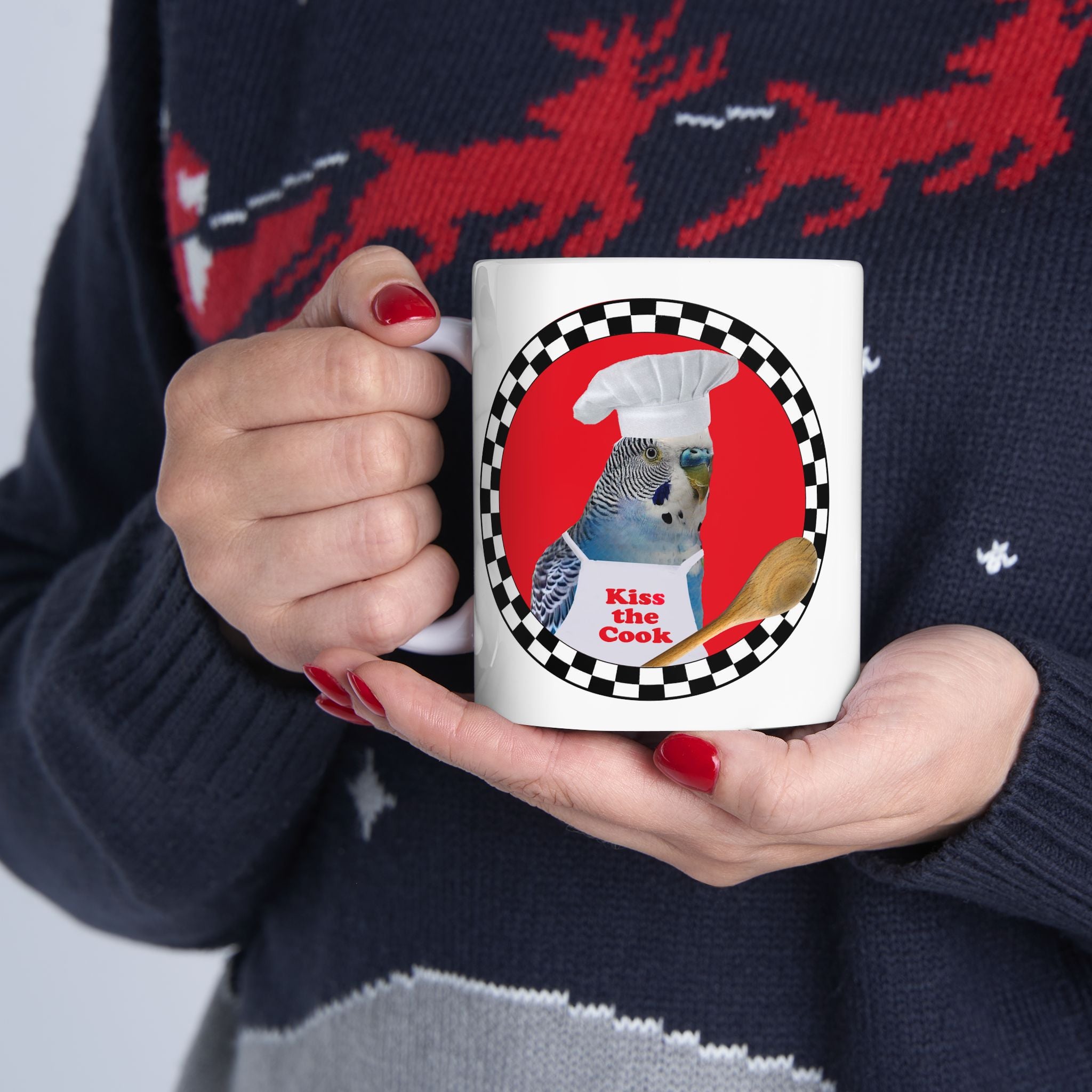 Kiss The Cook Spoon Blue Budgie Mug