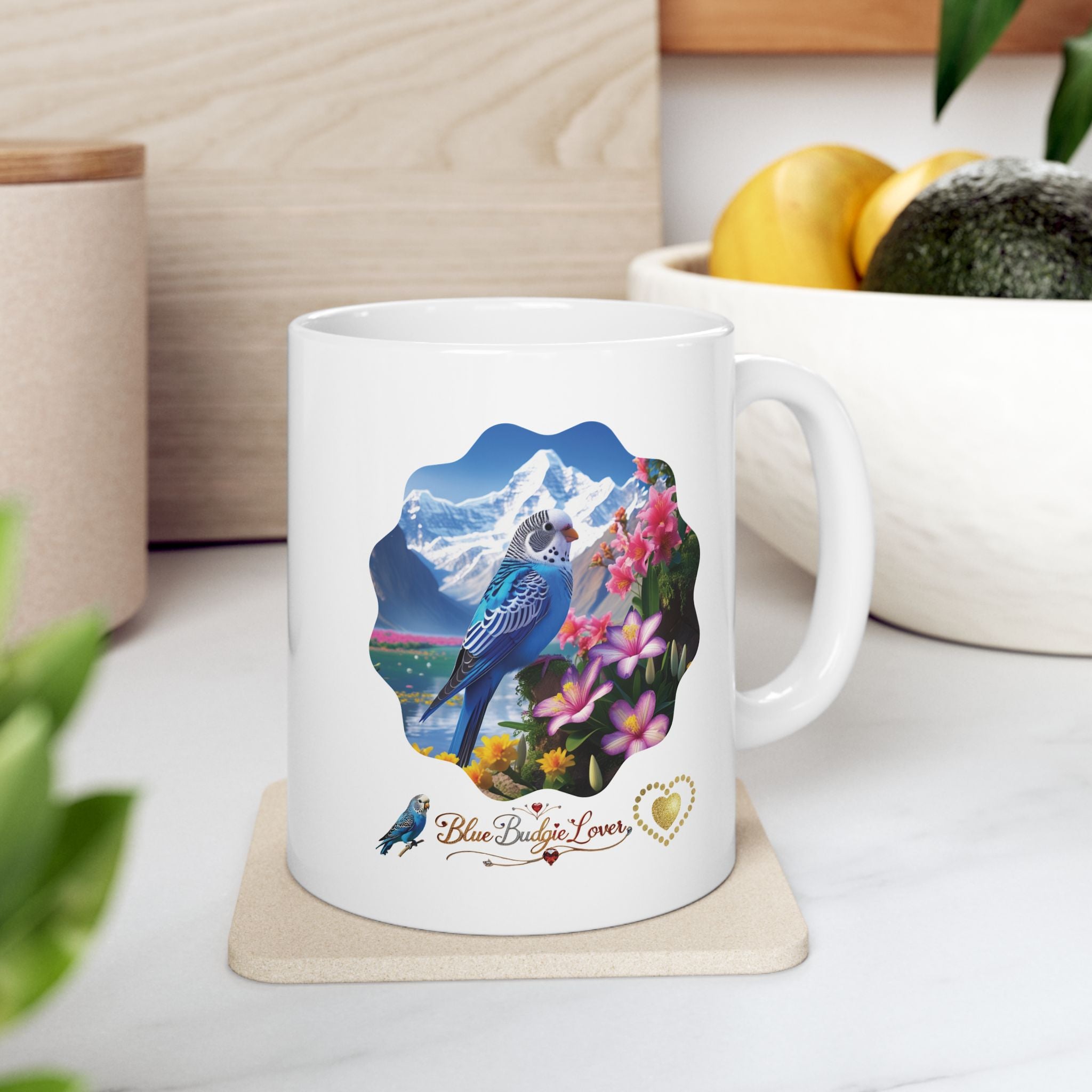 Blue Budgie Lover Mountain Floral Mug