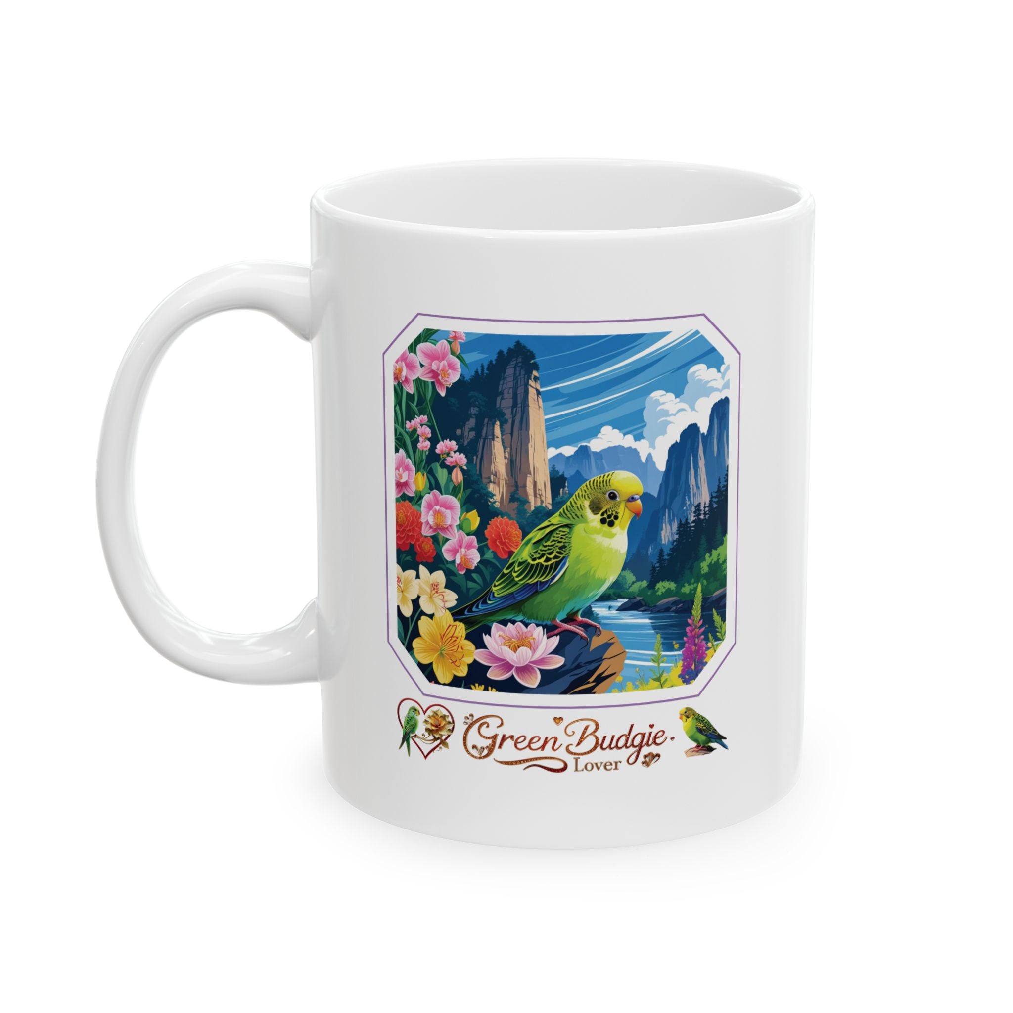 Green Budgie Spring Mountain Mug