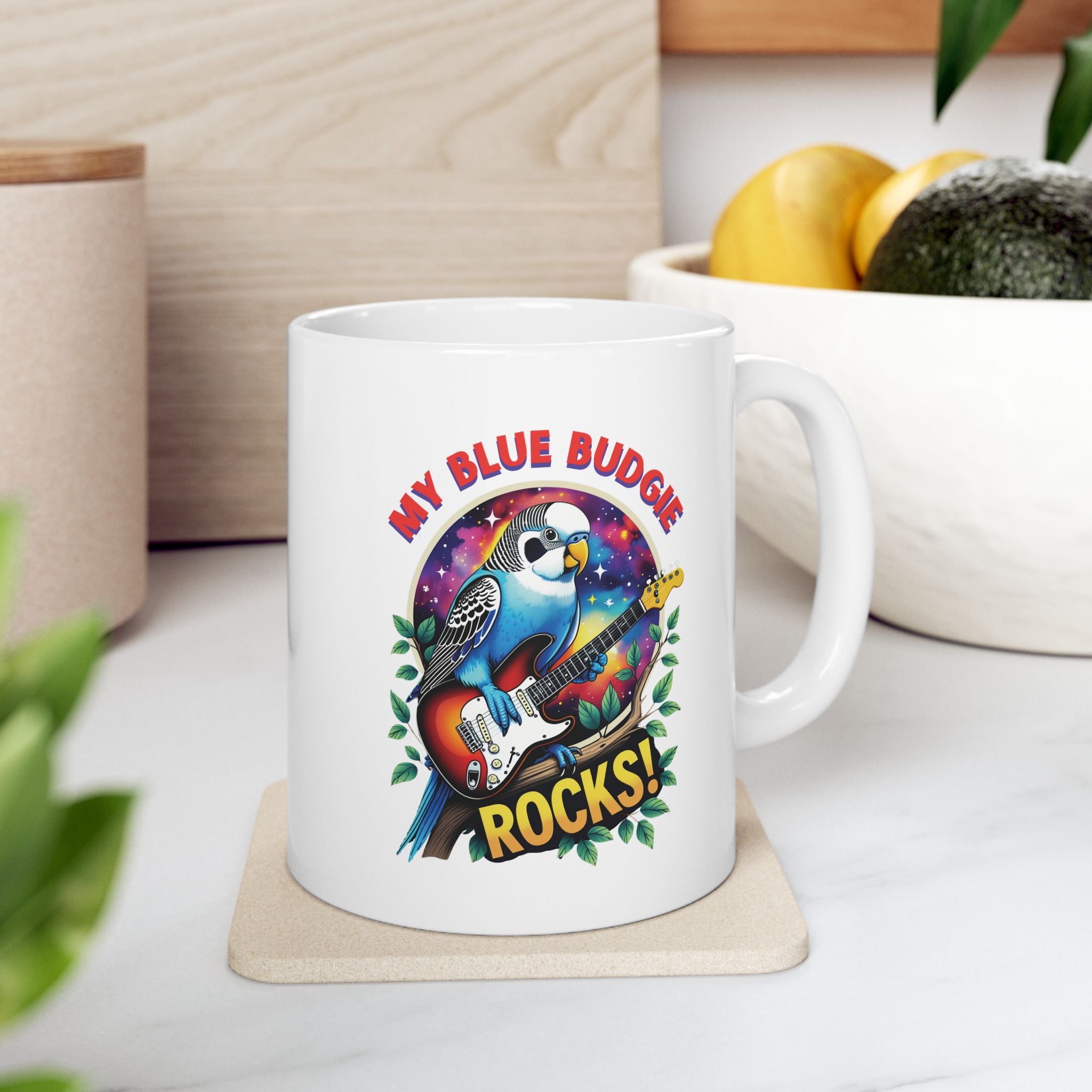 My Blue Budgie Rocks Guitar Mug
