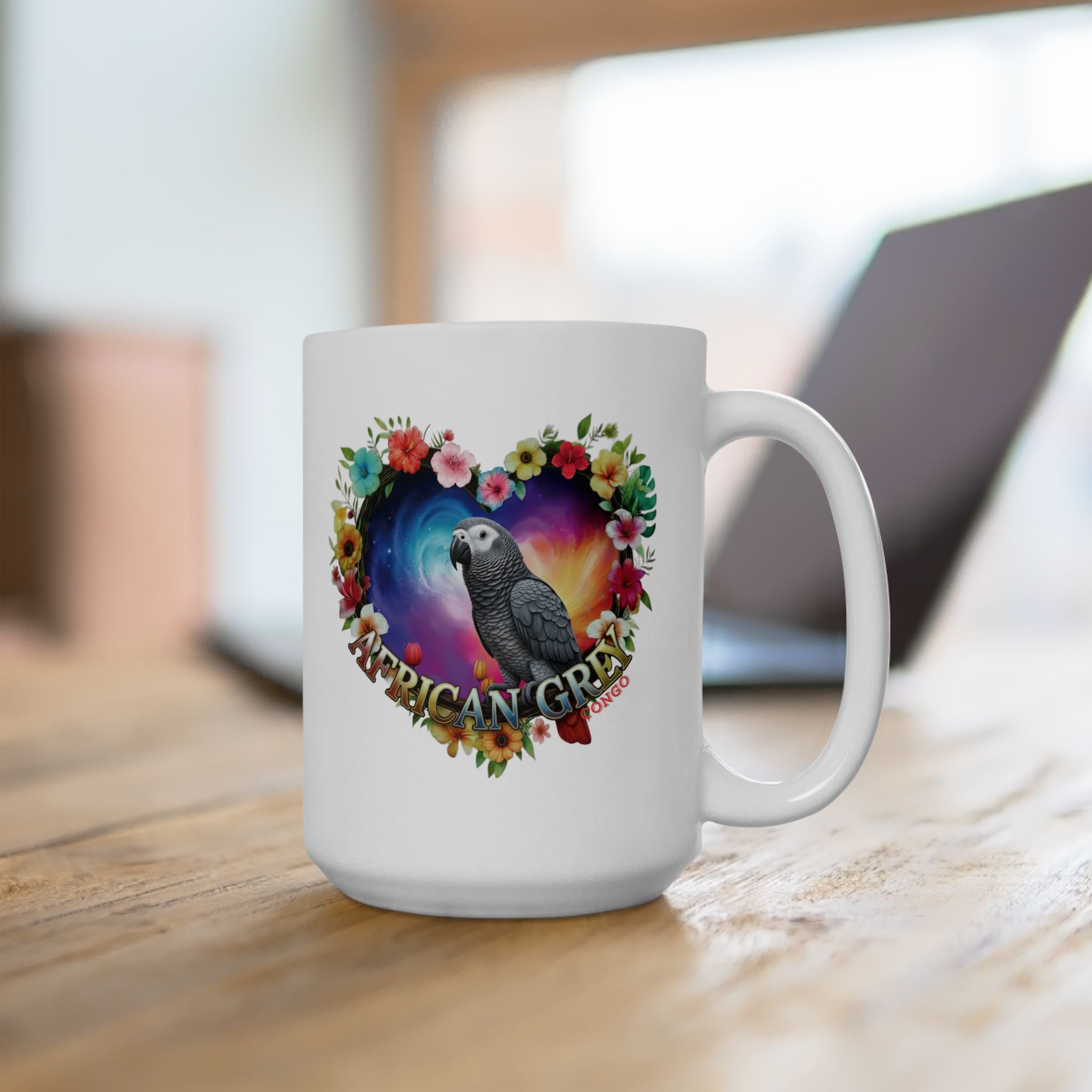 African Grey Floral Heart Mug