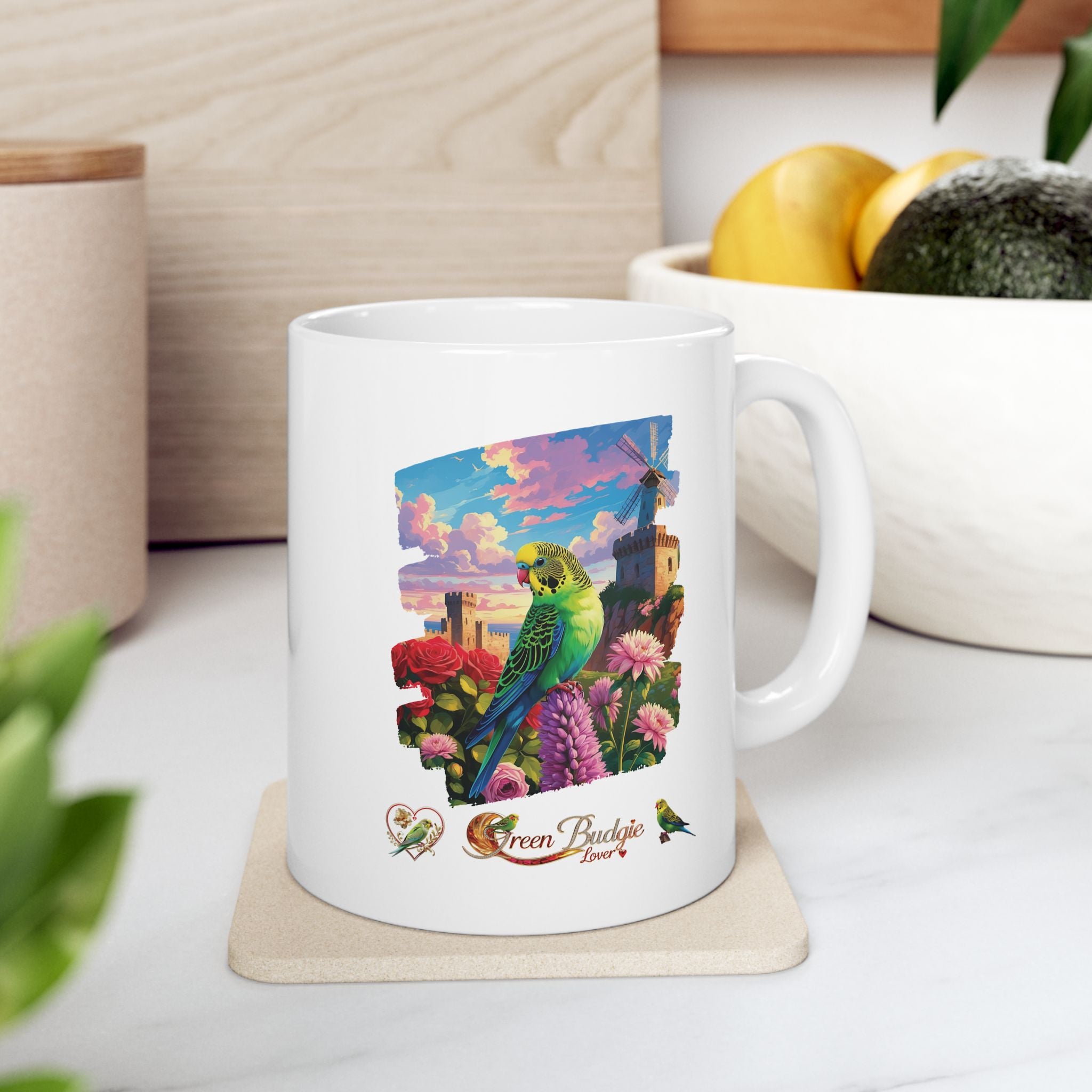 Green Budgie Lover Floral Mug