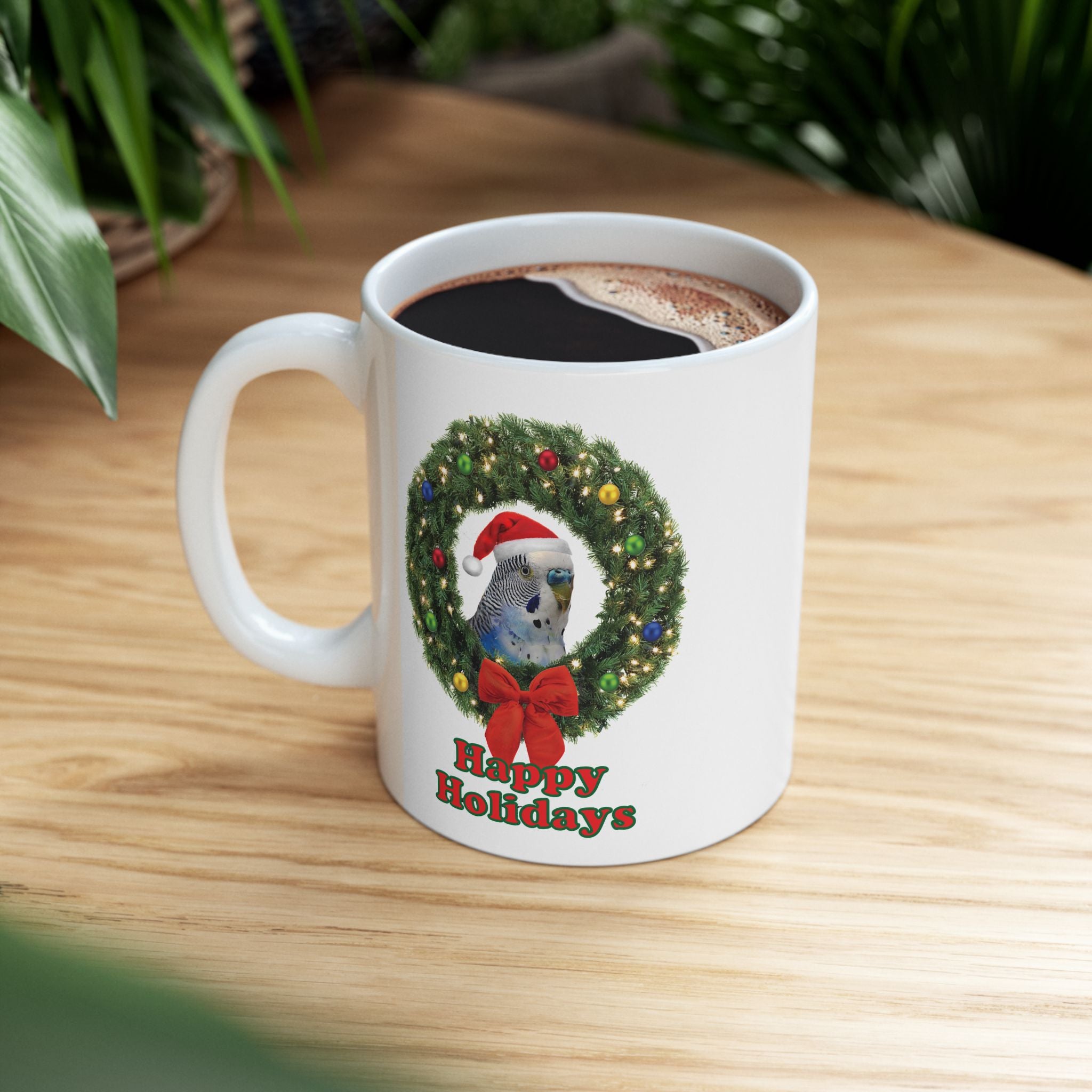 Happy Christmas Holidays Blue Budgie Mug
