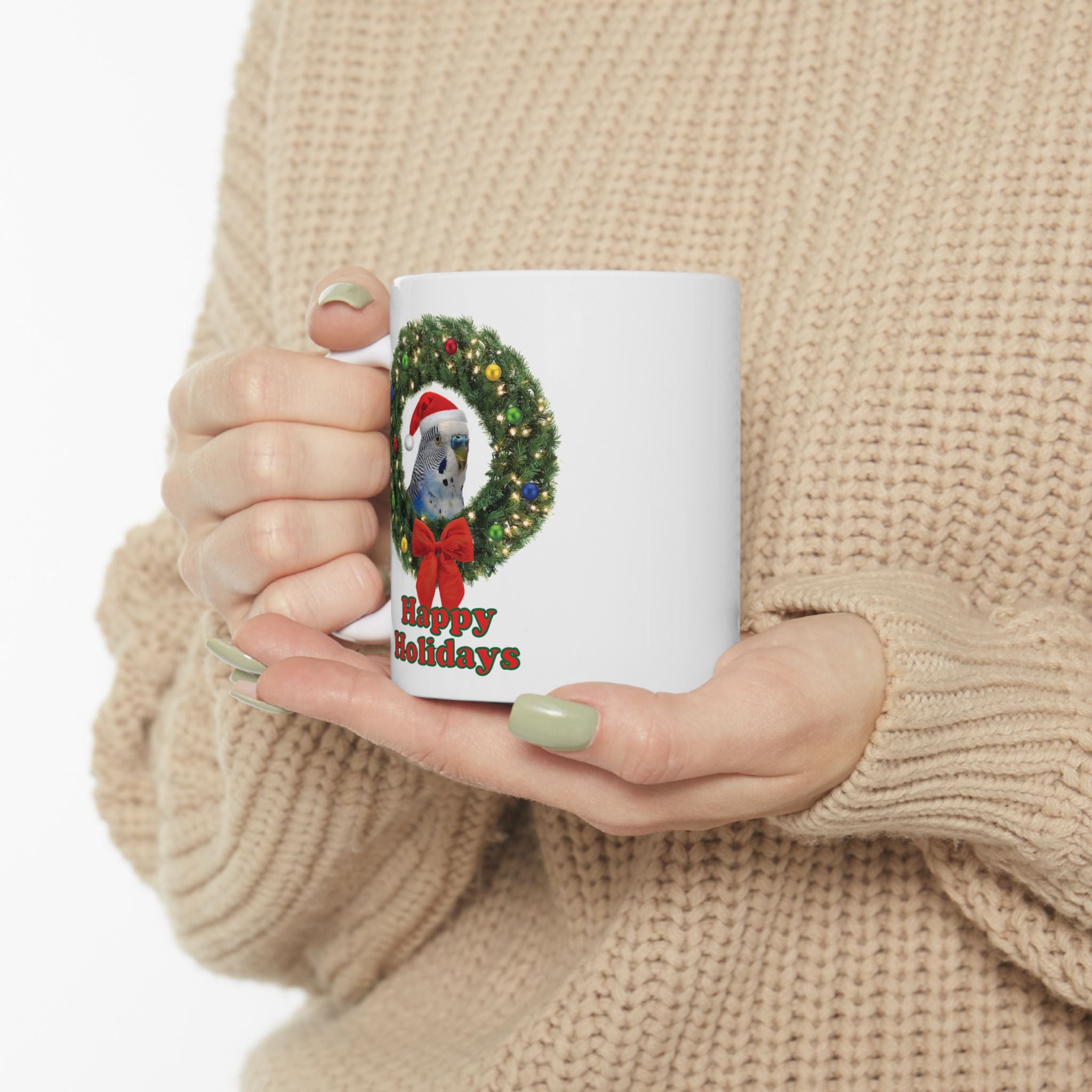 Happy Christmas Holidays Blue Budgie Mug