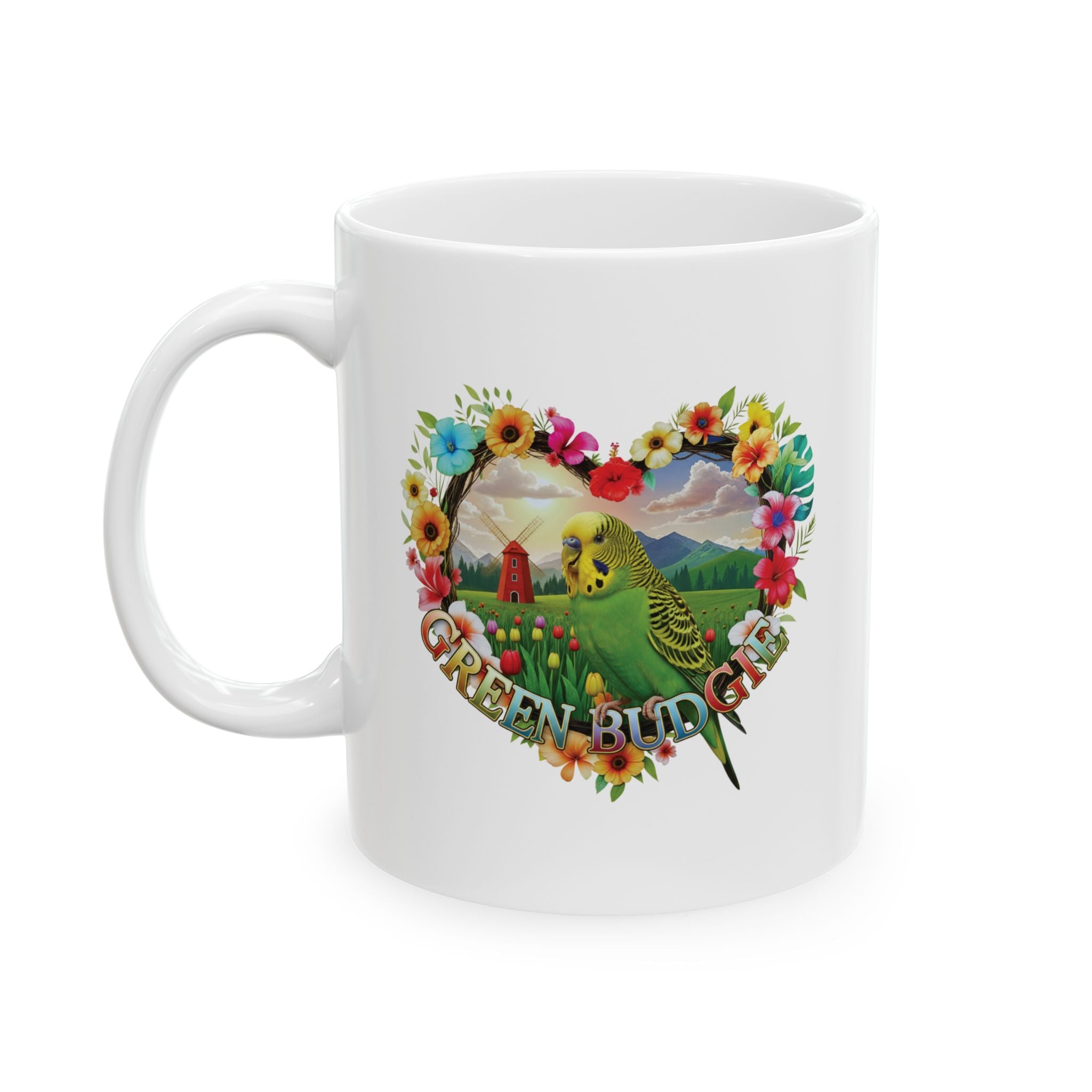 Green Budgie Floral Mug