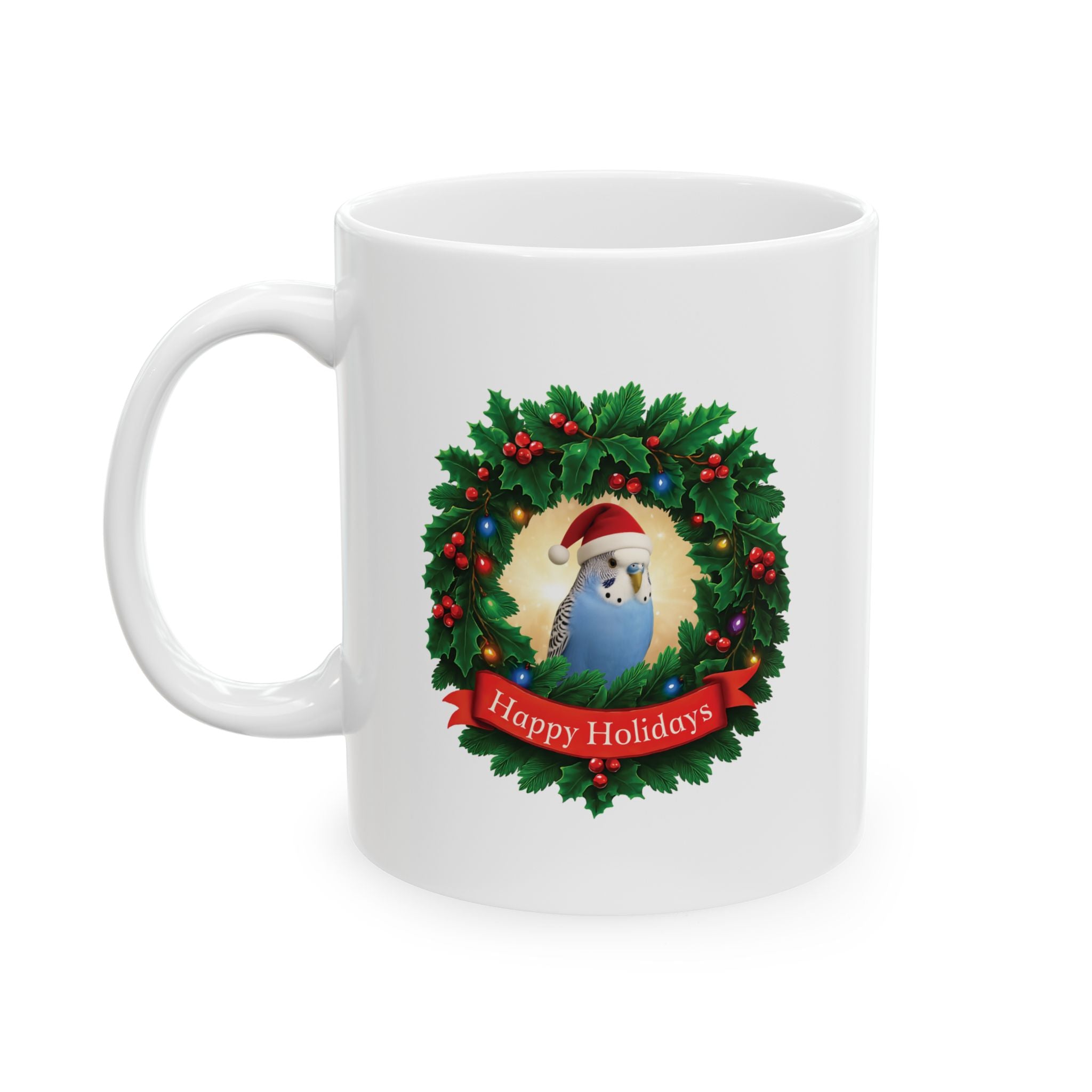 Happy Holidays Blue Budgie Mug