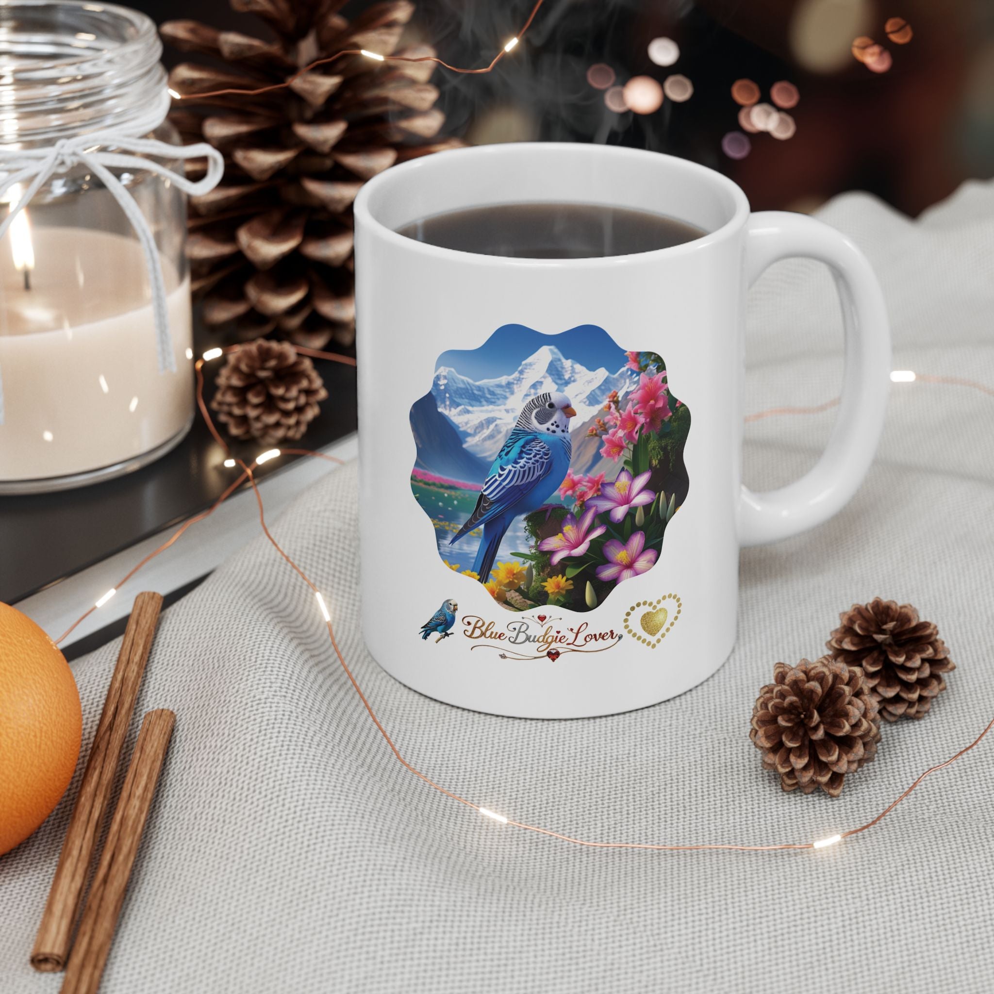 Blue Budgie Lover Mountain Floral Mug