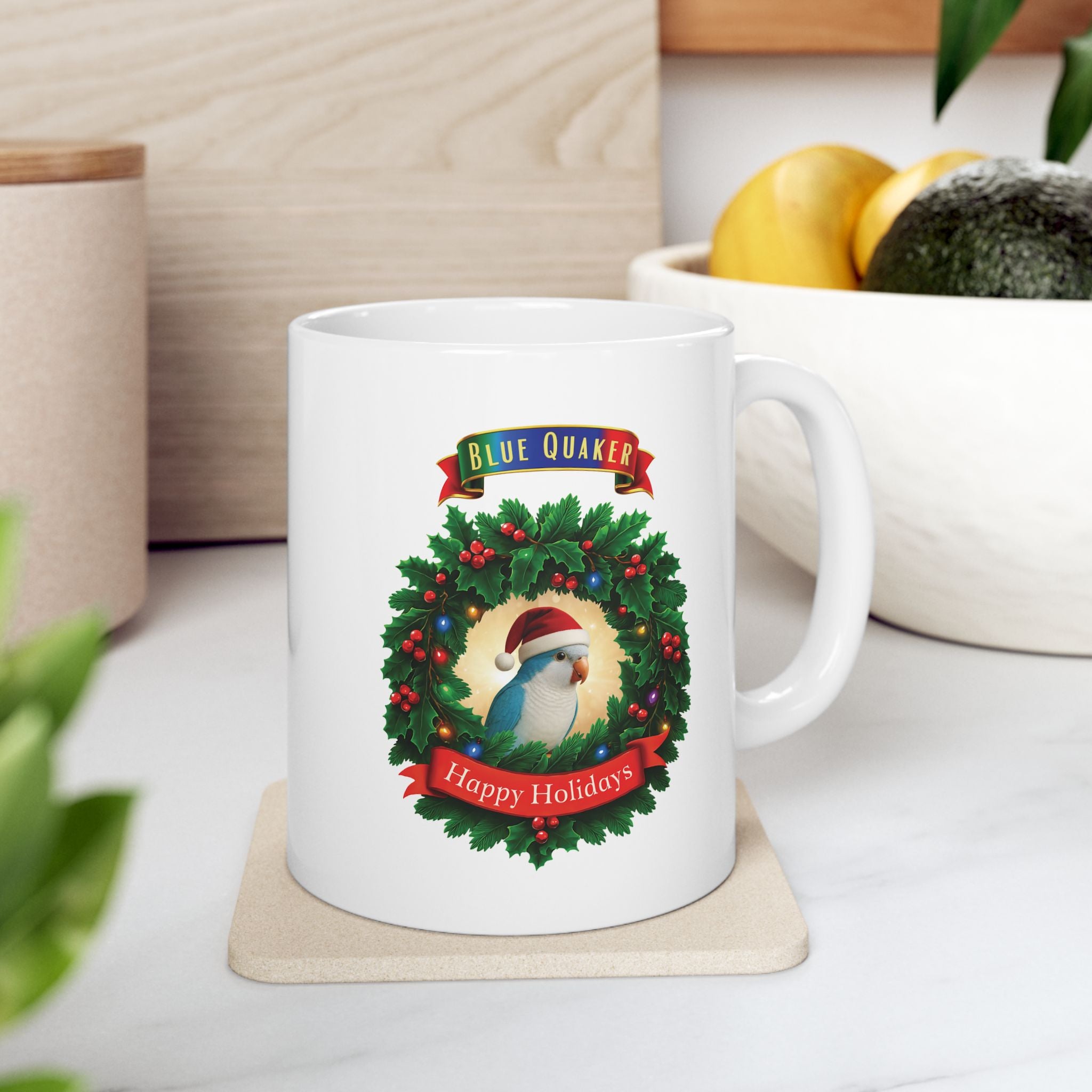 Blue Quaker Happy Holidays Mug