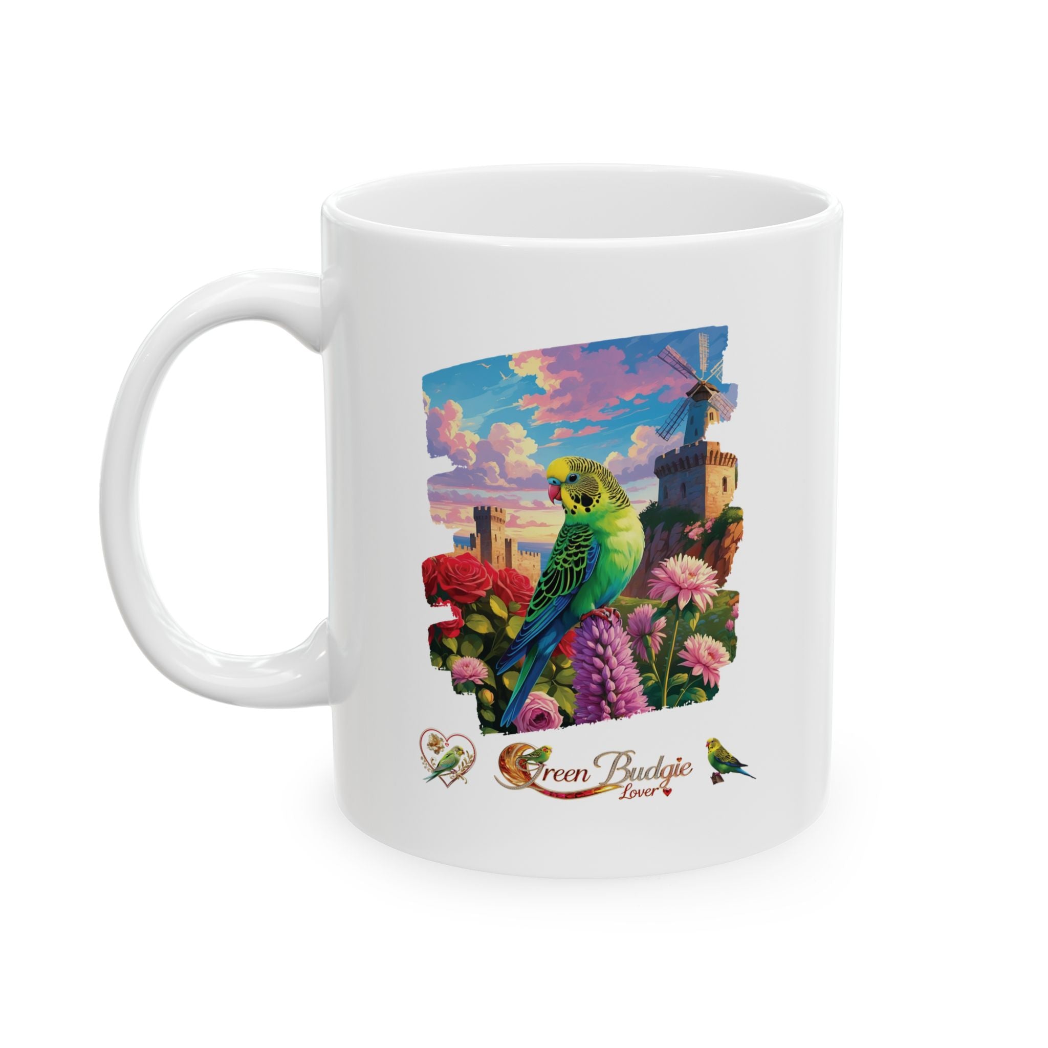 Green Budgie Lover Floral Mug