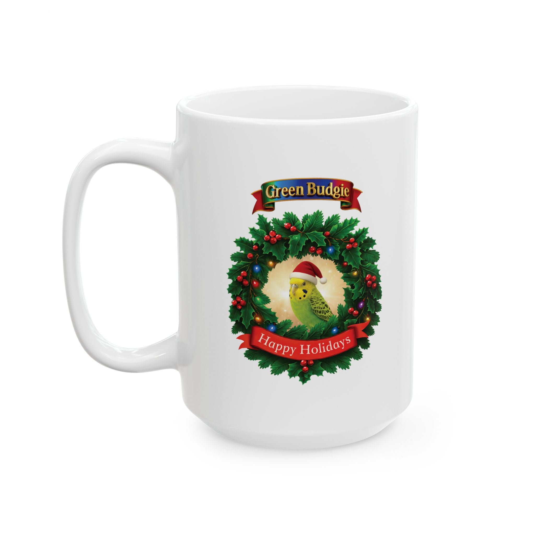 Green Budgie Happy Holidays Mug