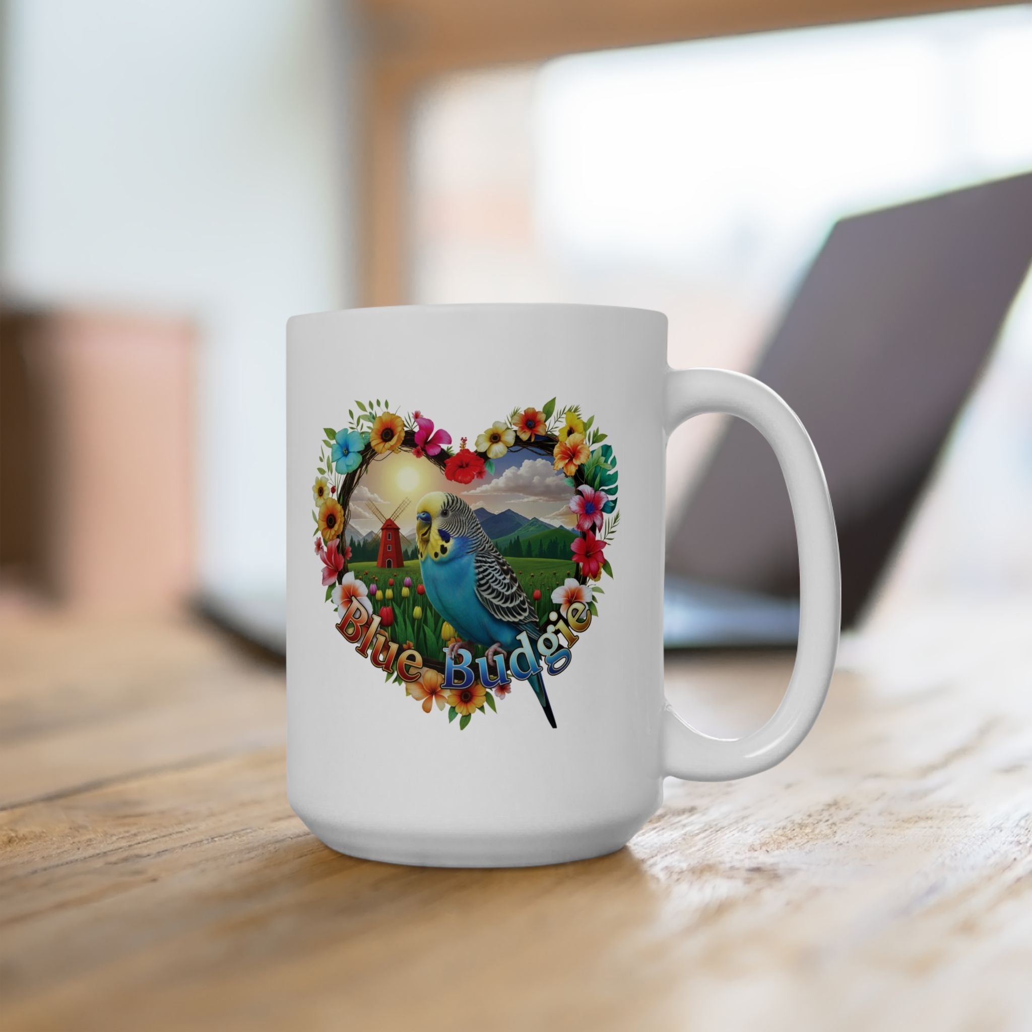Blue Budgie Garden Scene Mug
