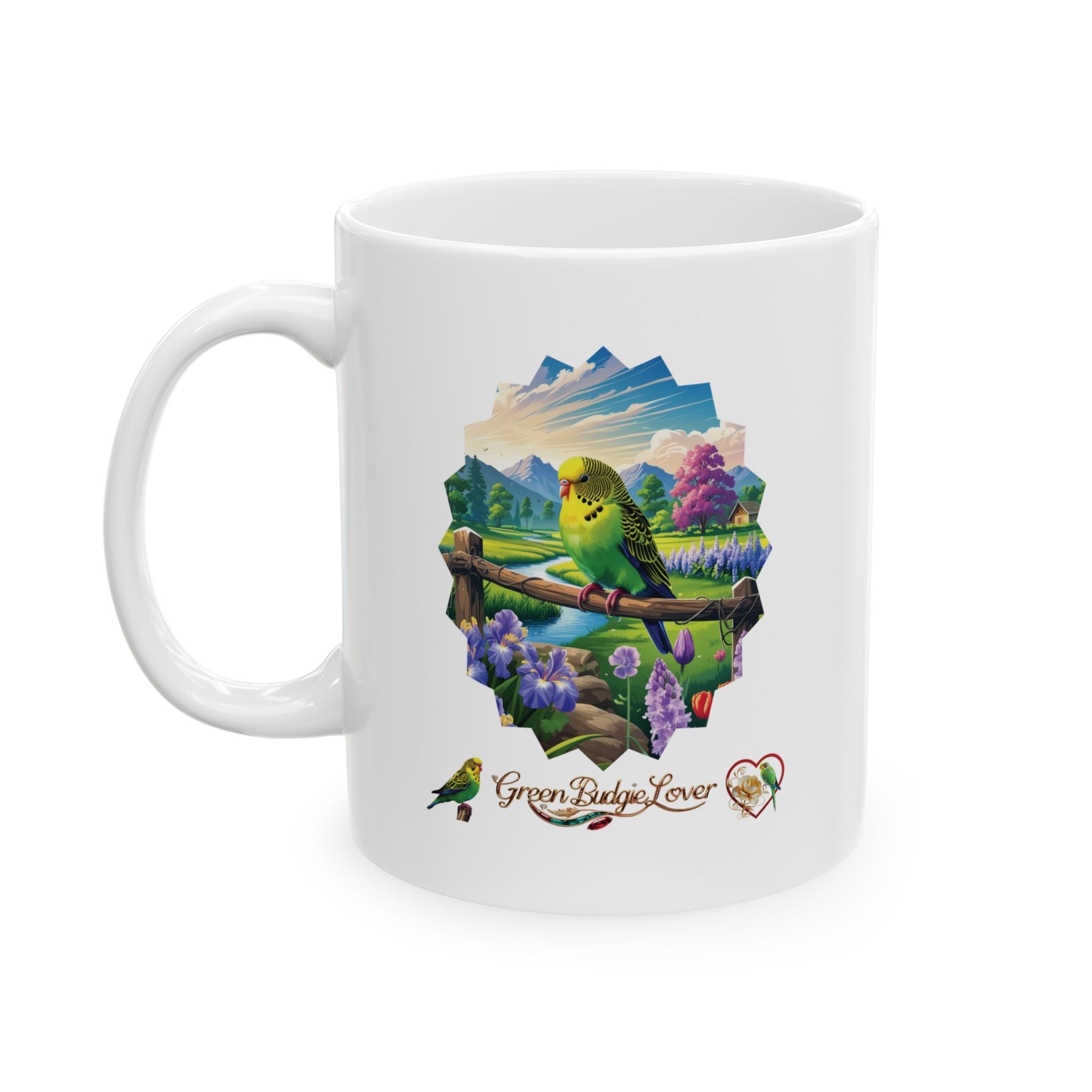 Green Budgie Lover Floral Scenic Mug