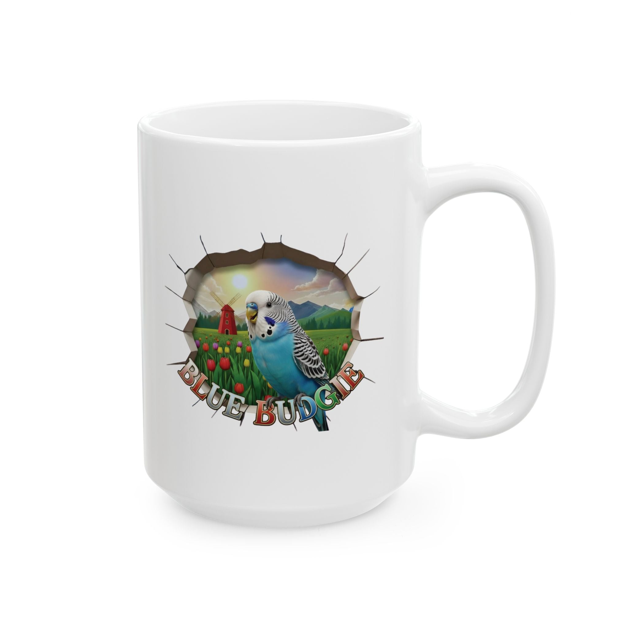 Blue Budgie Tulip Field Mug