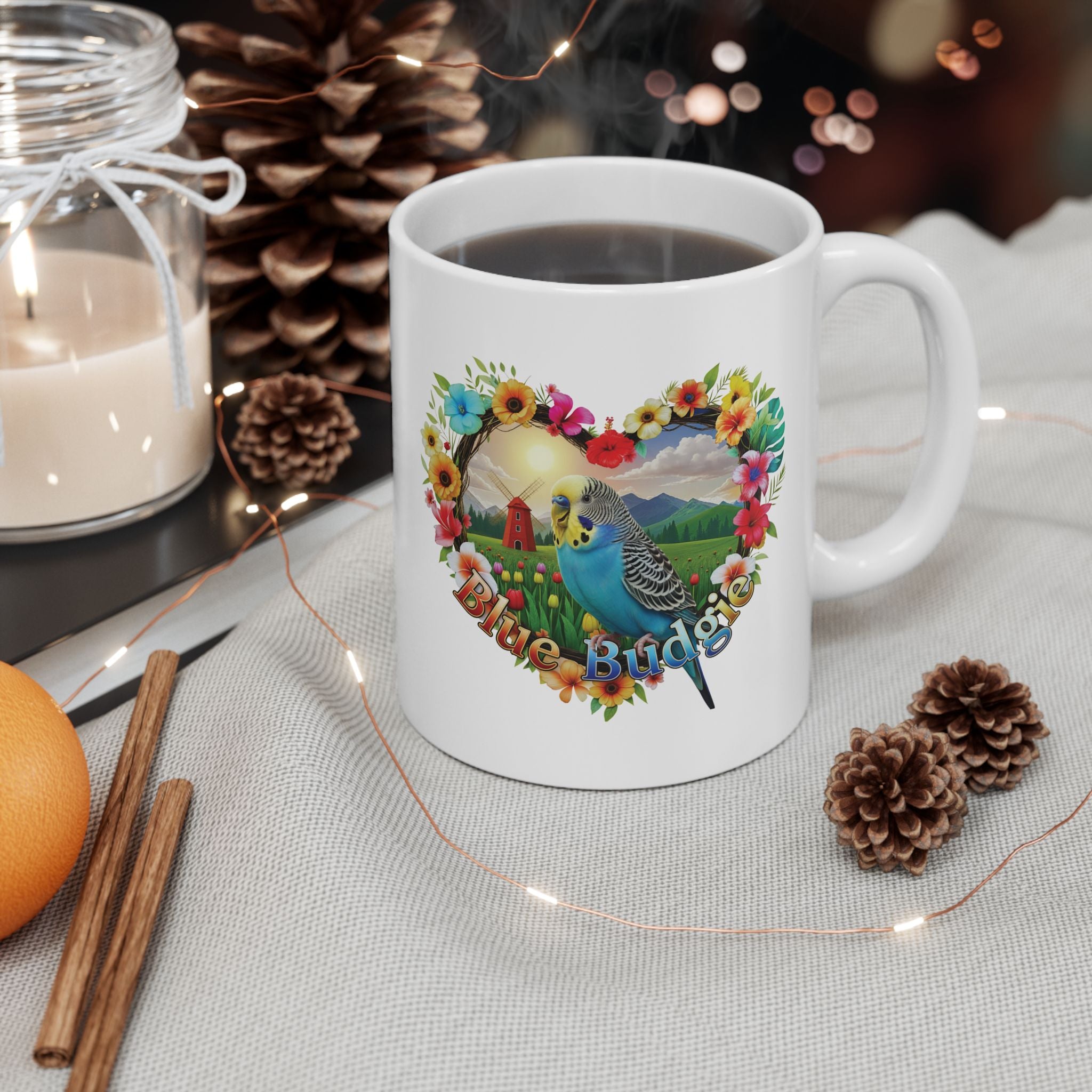Blue Budgie Garden Scene Mug