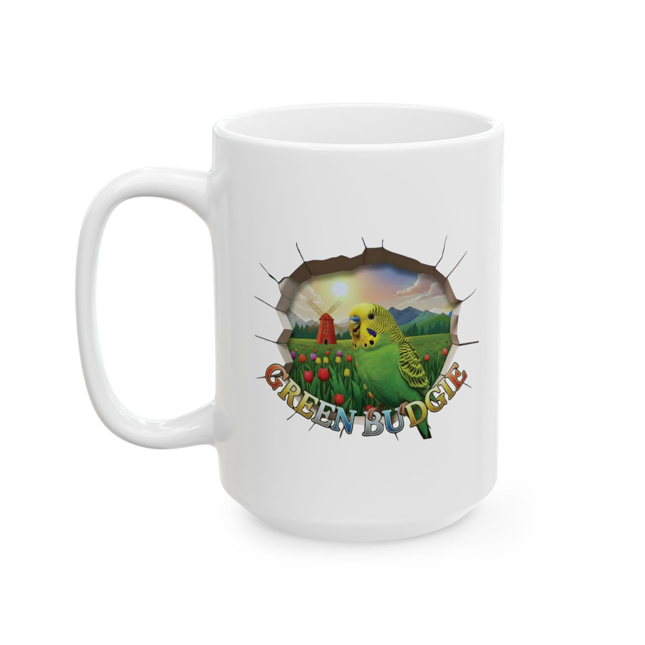 Green Budgie Tulip Field Mug