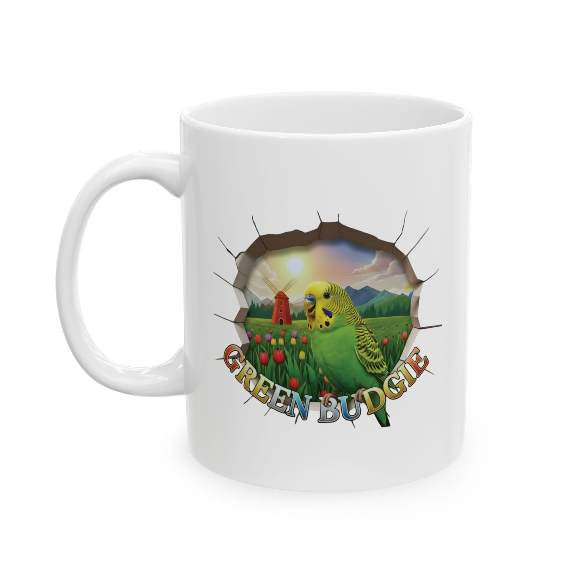 Green Budgie Tulip Field Mug