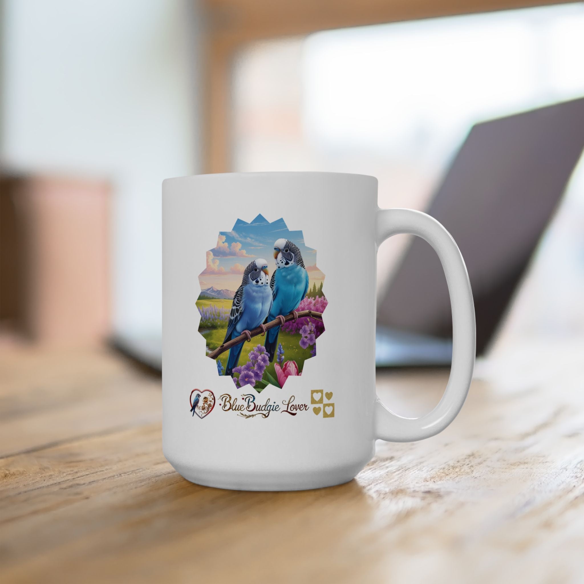 Blue Budgie Lover Floral Scenic Mug