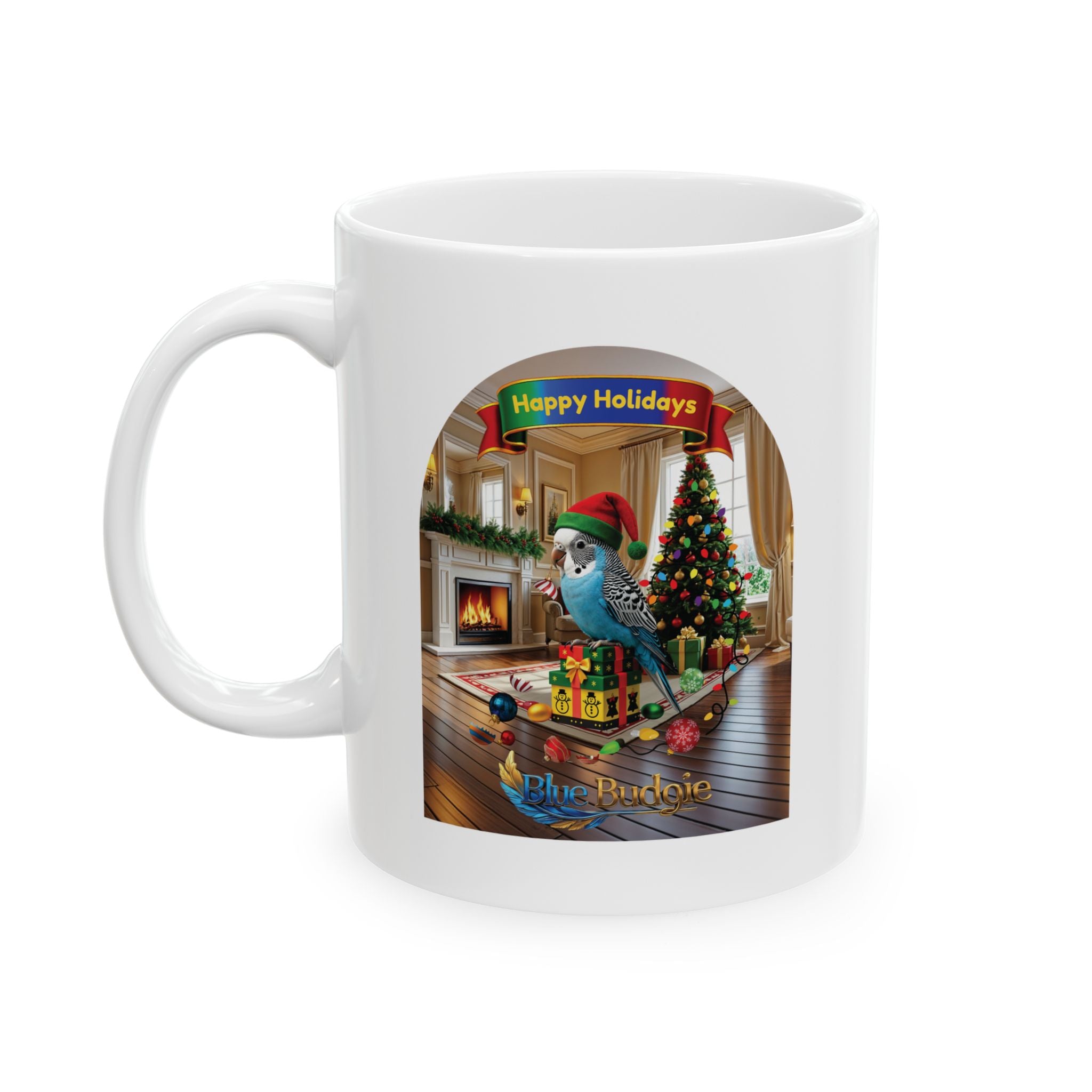 Happy Holidays Blue Budgie Mug