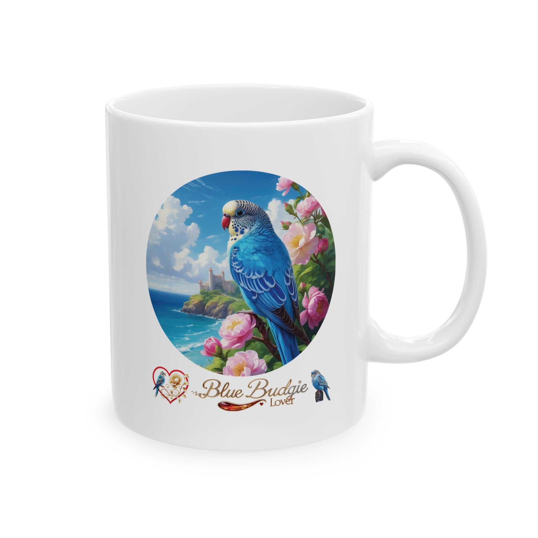 Blue Budgie Lover Floral Lake Mug