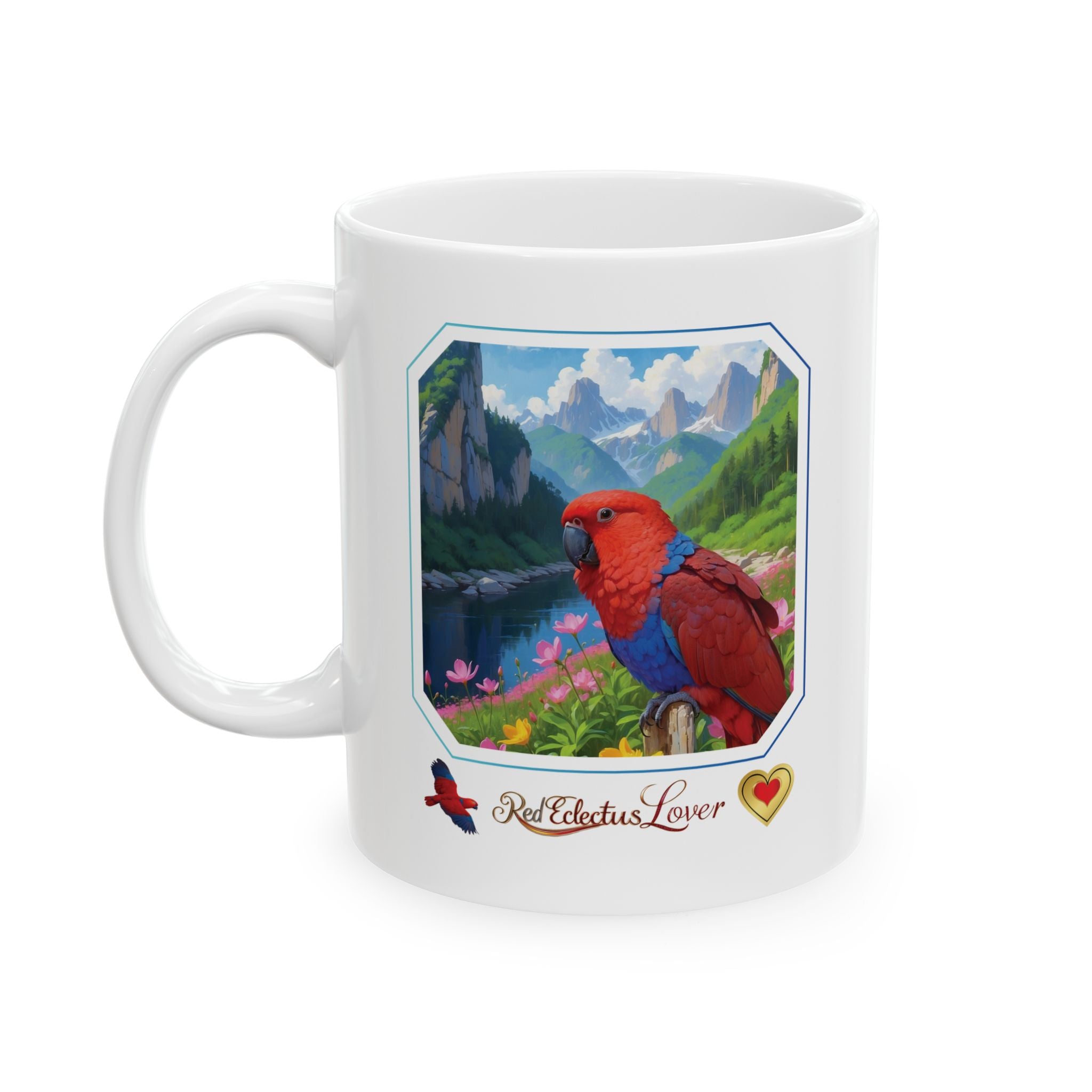 Red Eclectus Lover Mountain Lake Mug