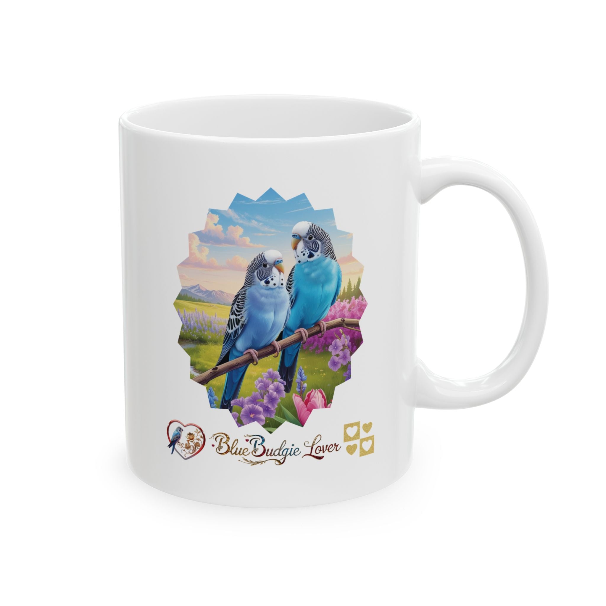 Blue Budgie Lover Floral Scenic Mug