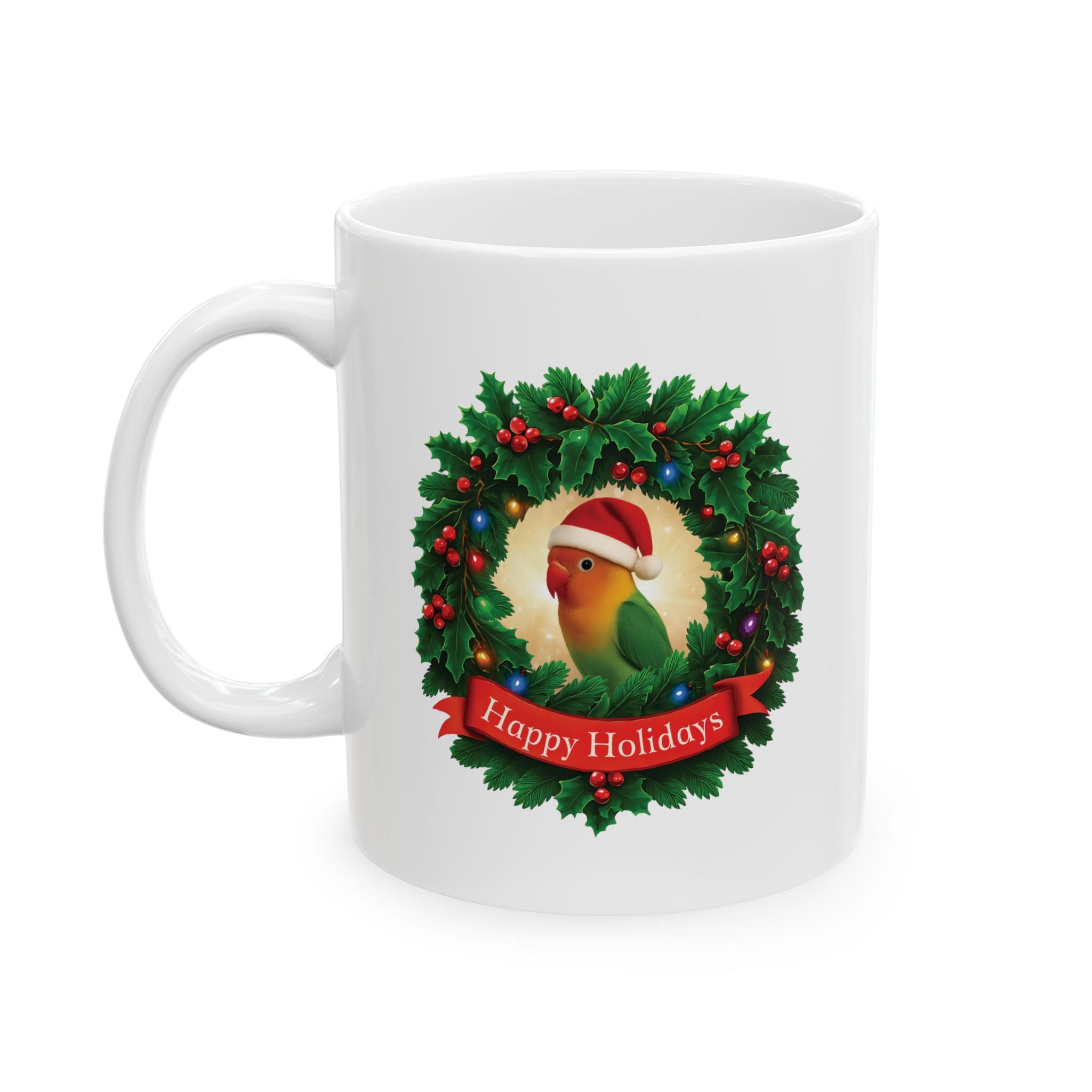 Happy Holidays Lovebird Wreath Mug