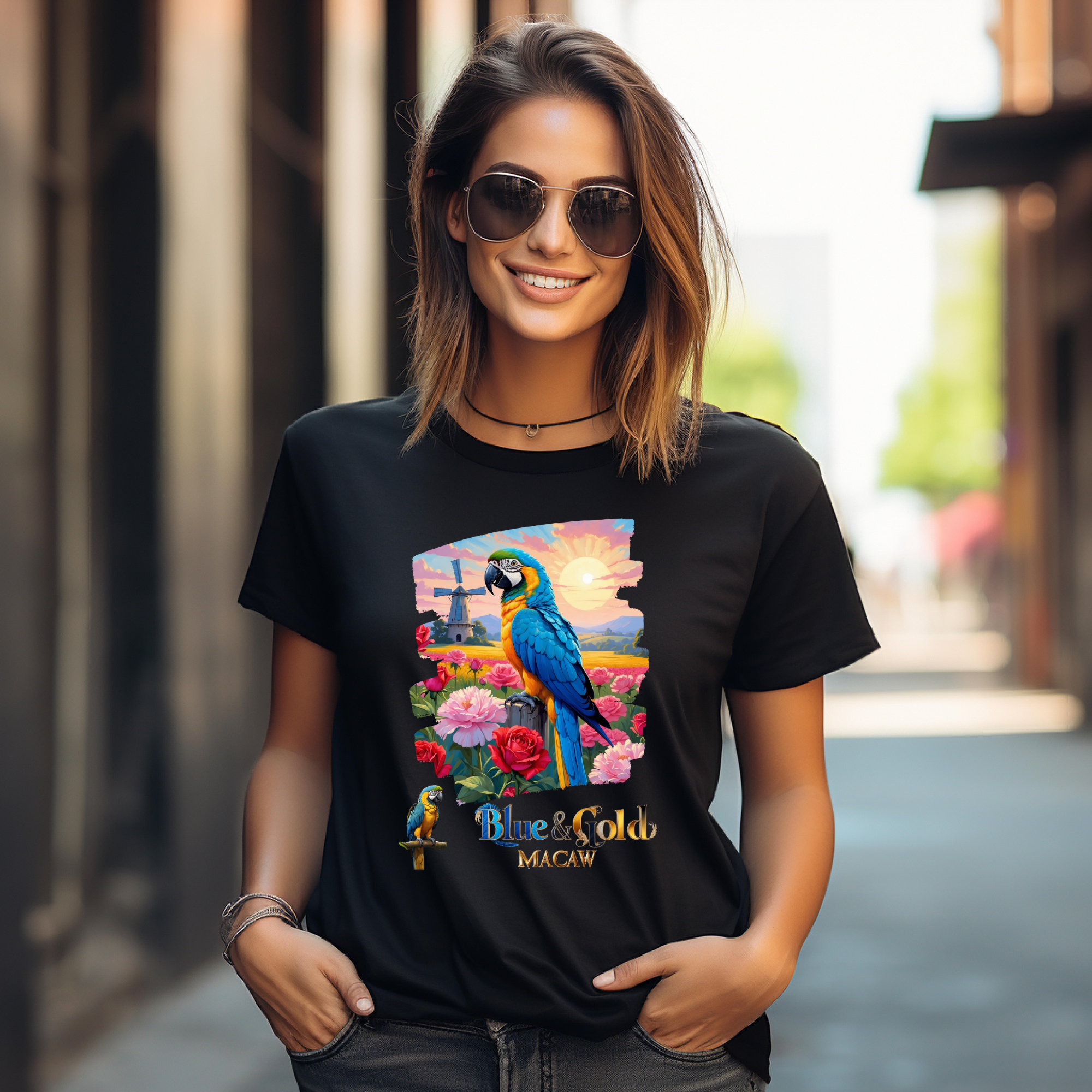 Blue & Gold Macaw Floral T-Shirt