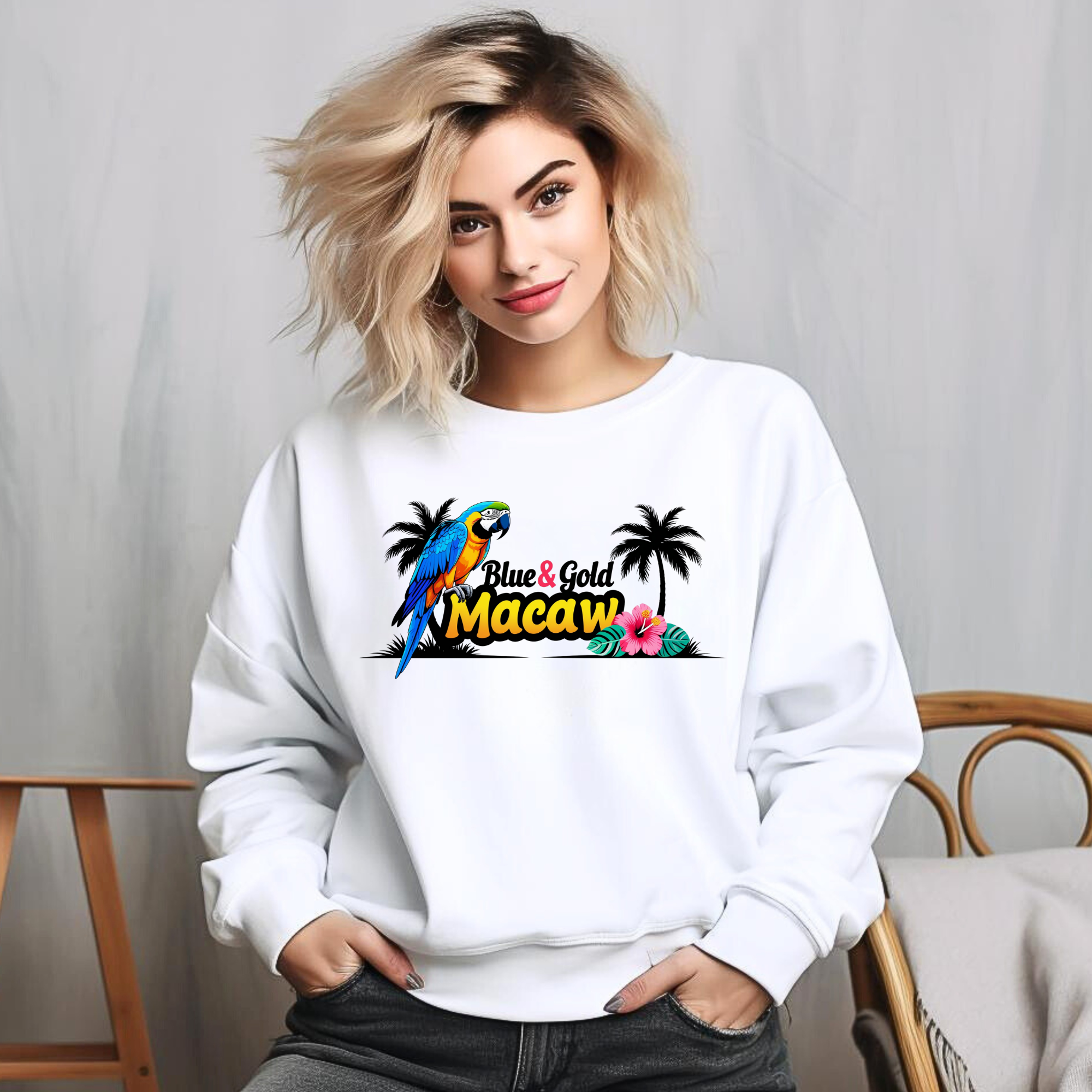 Blue & Gold Macaw Palm Tree Sweatshirt