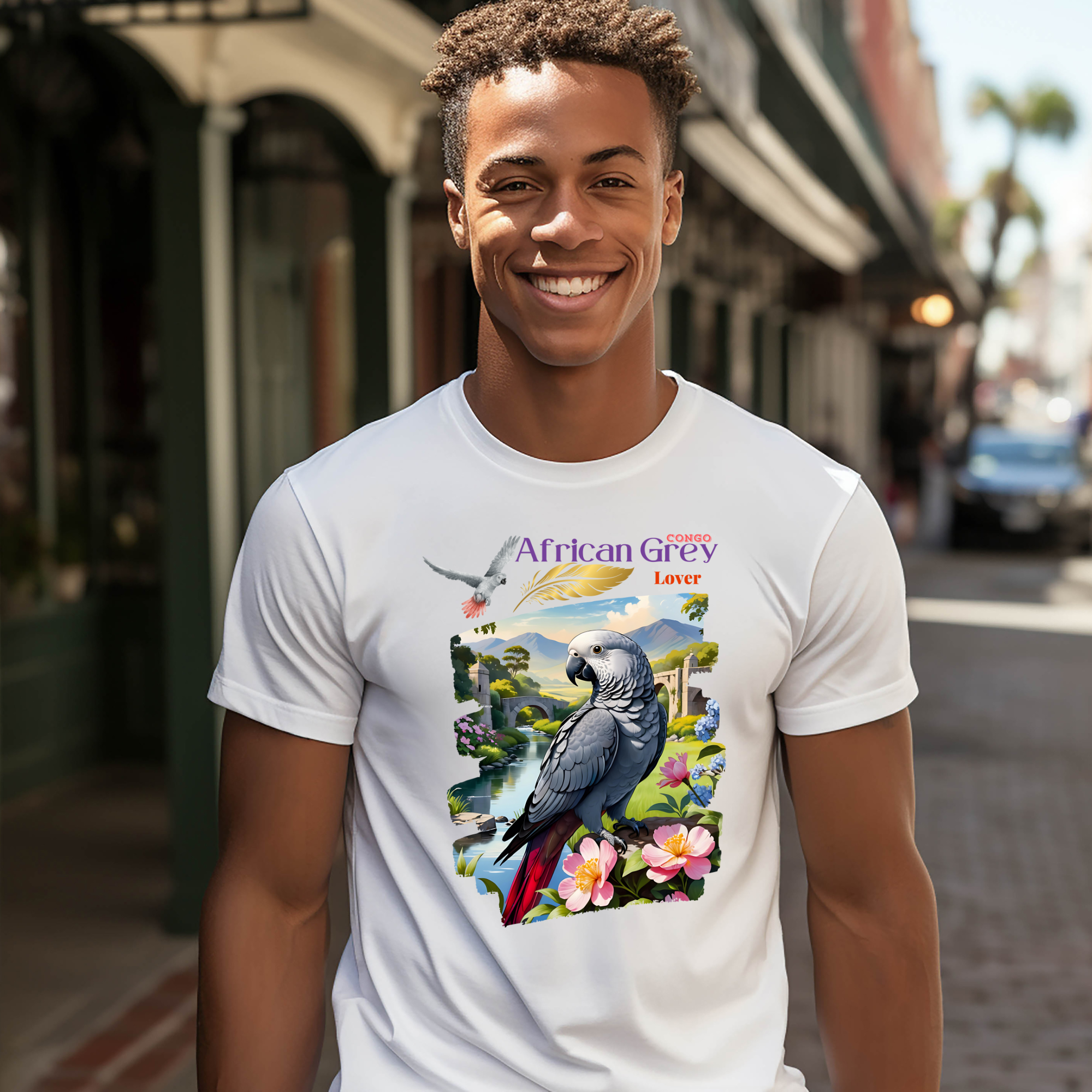 African Grey Congo Lover Floral T-Shirt