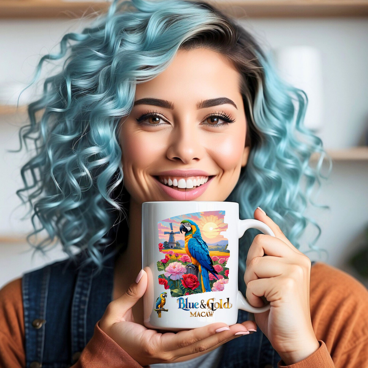 Blue & Gold Macaw Floral Mug