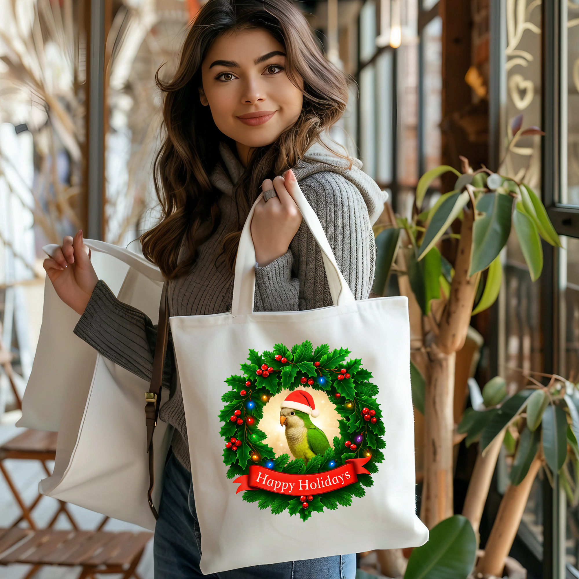 Happy Holidays Green Quaker Tote Bag