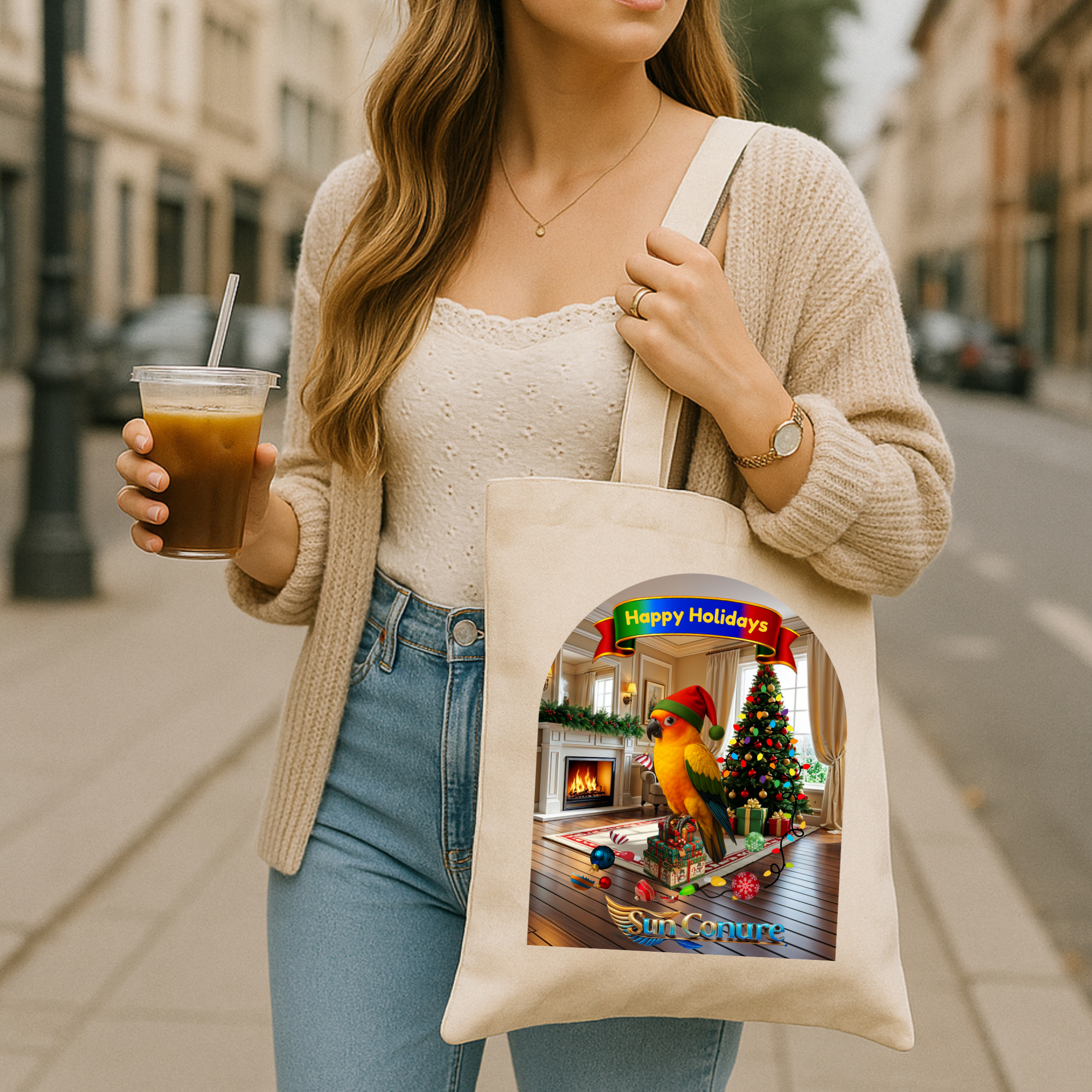Happy Holidays Sun Conure Tote Bag