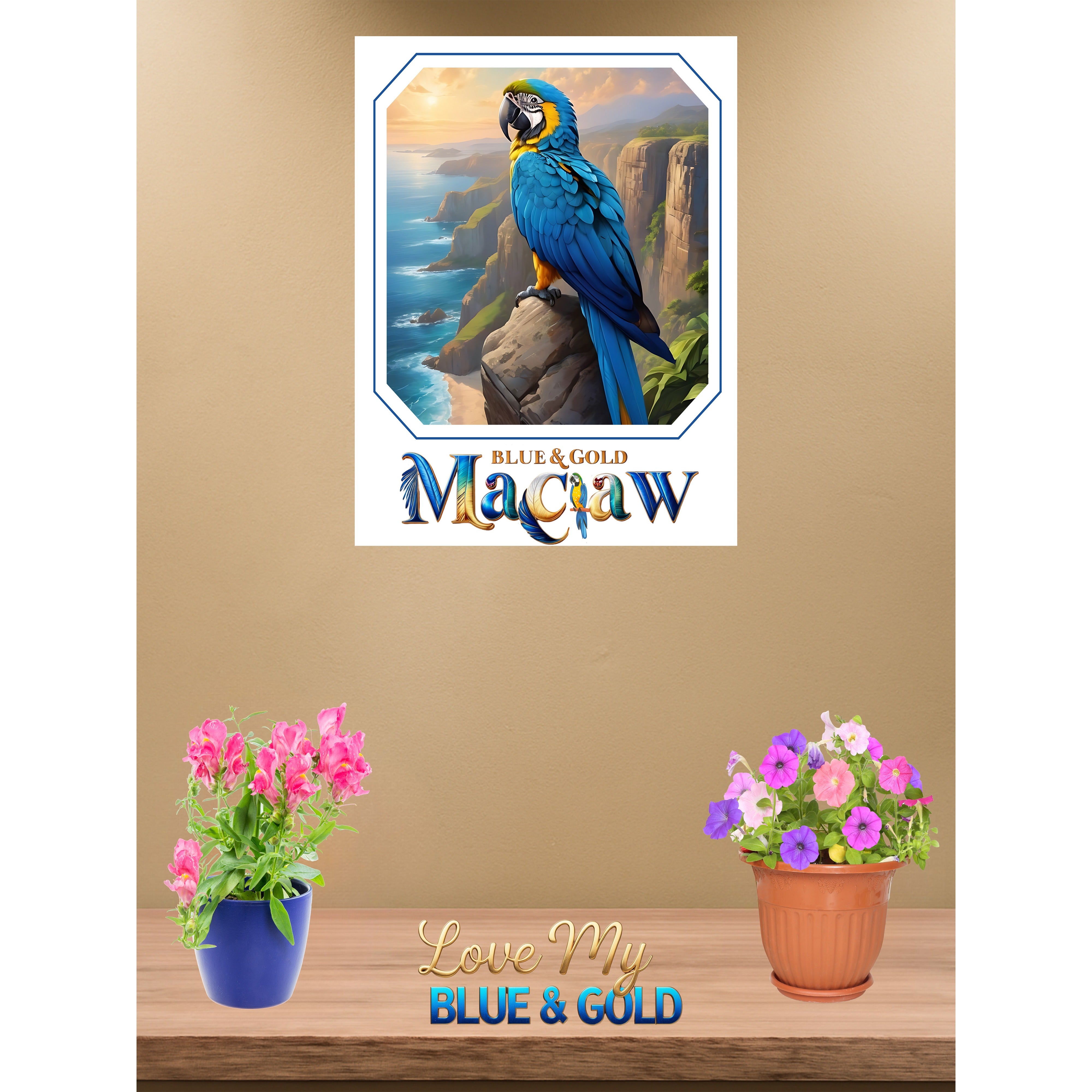 African grey blue and gold macaw wall hanging