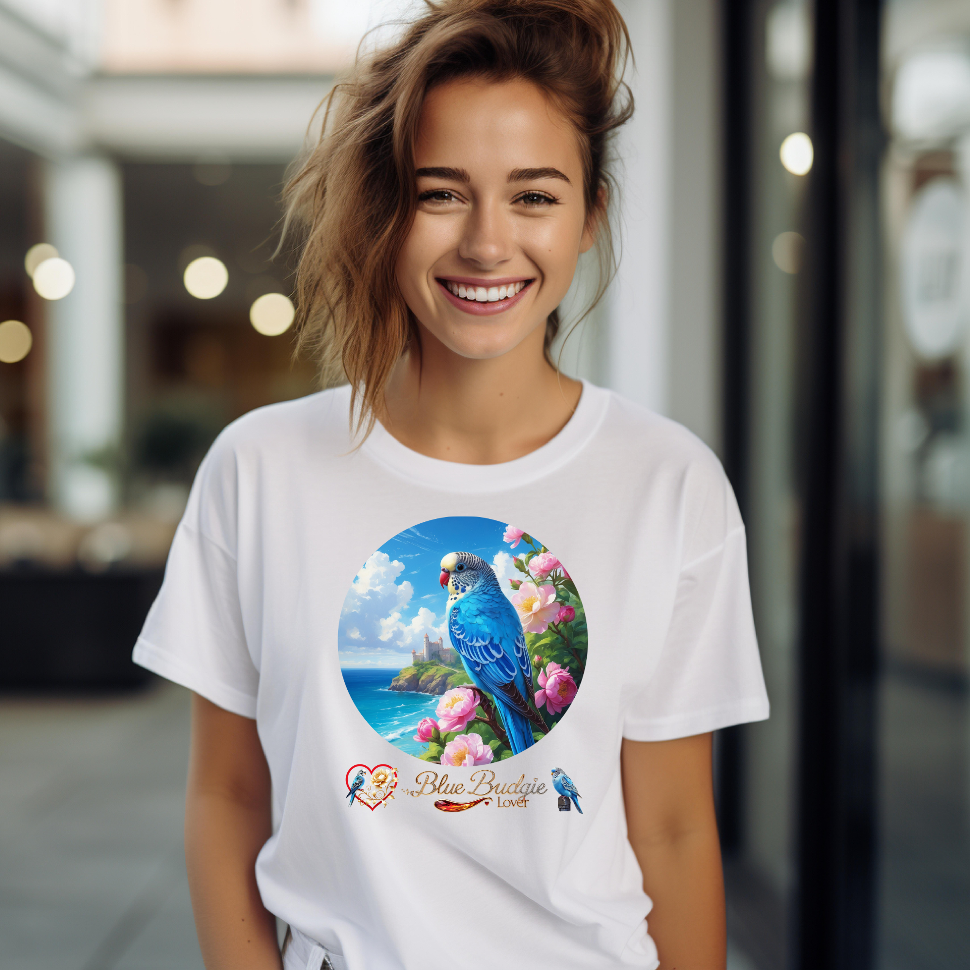 Blue Budgie Lover Floral T-Shirt