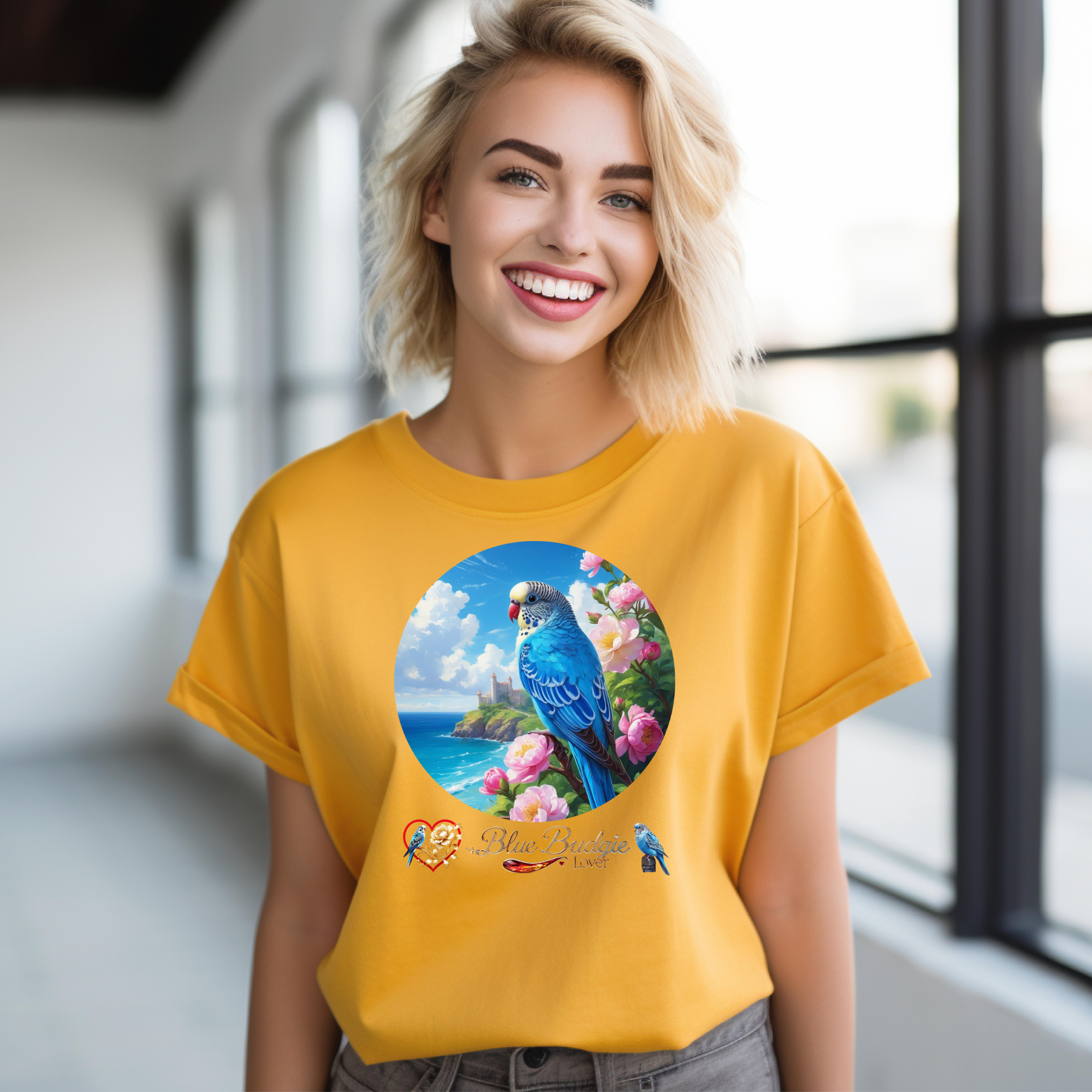 Blue Budgie Lover Floral T-Shirt