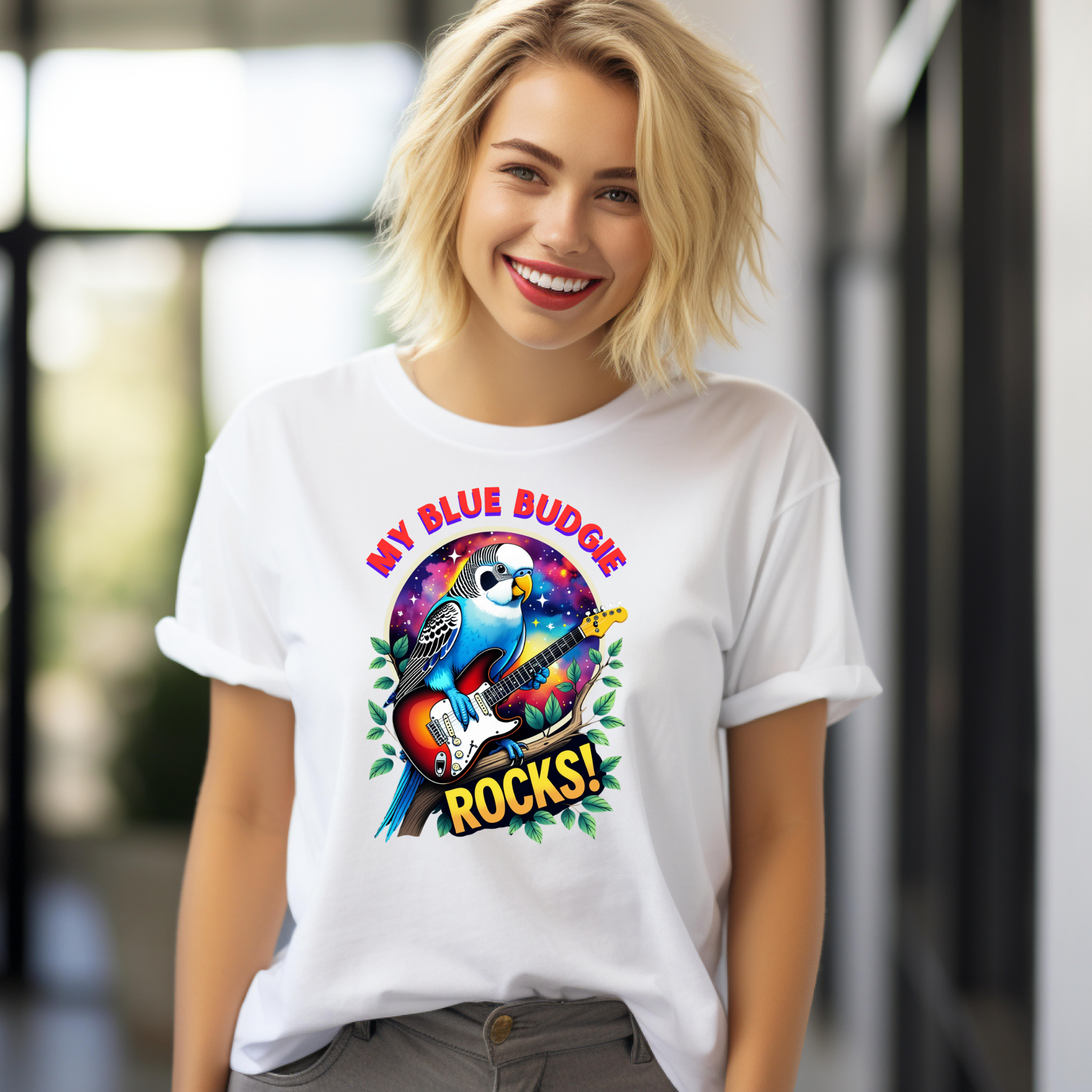 My Blue Budgie Rocks Guitar T-Shirt