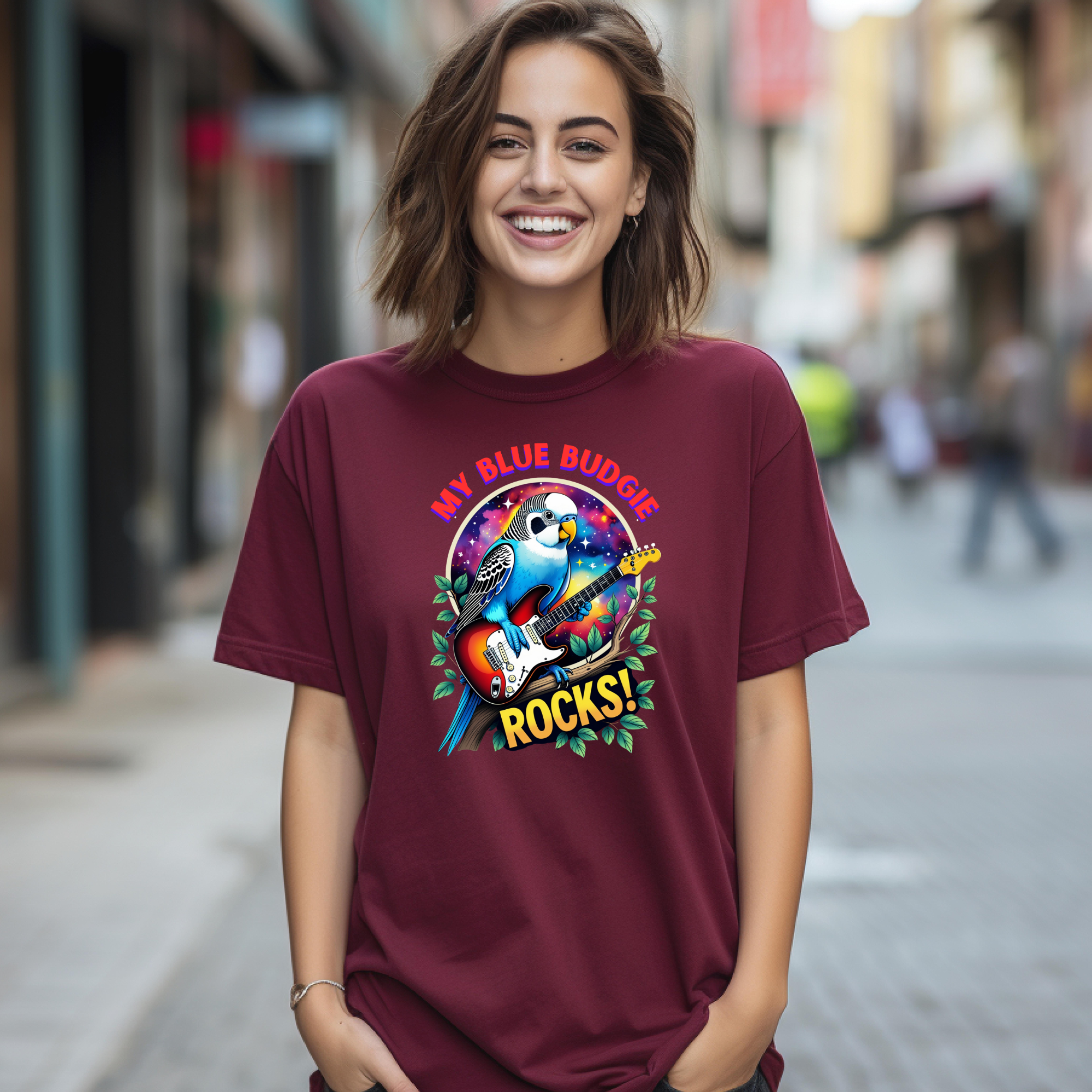 My Blue Budgie Rocks Guitar T-Shirt