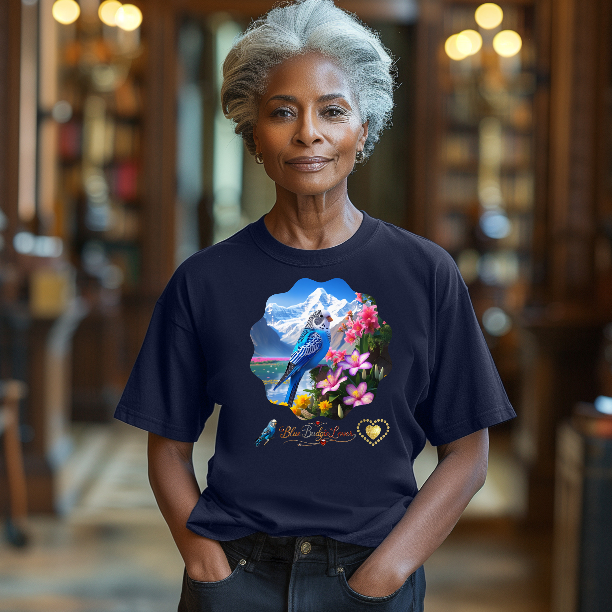 Blue Budgie Lover Floral T-Shirt
