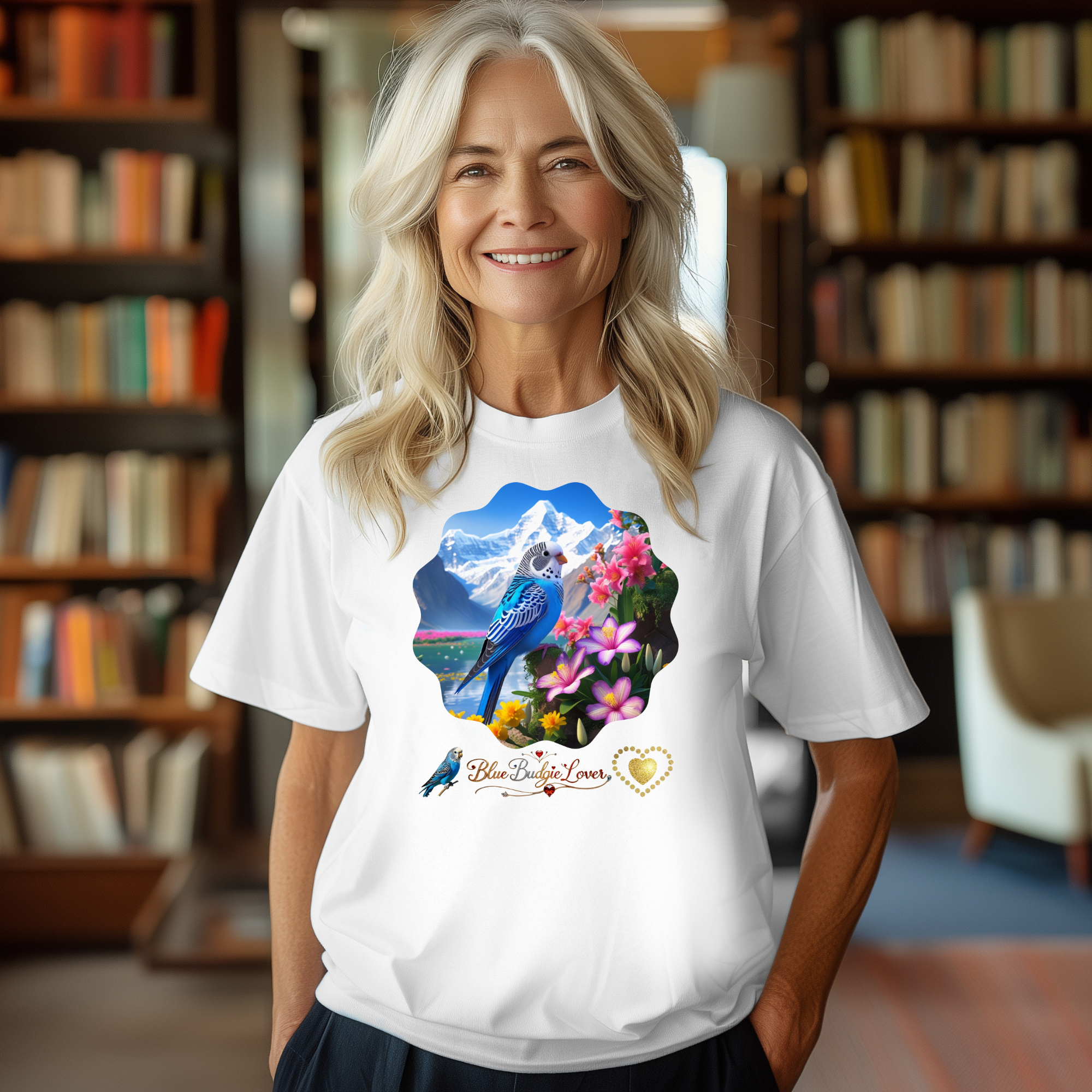 Blue Budgie Lover Floral T-Shirt