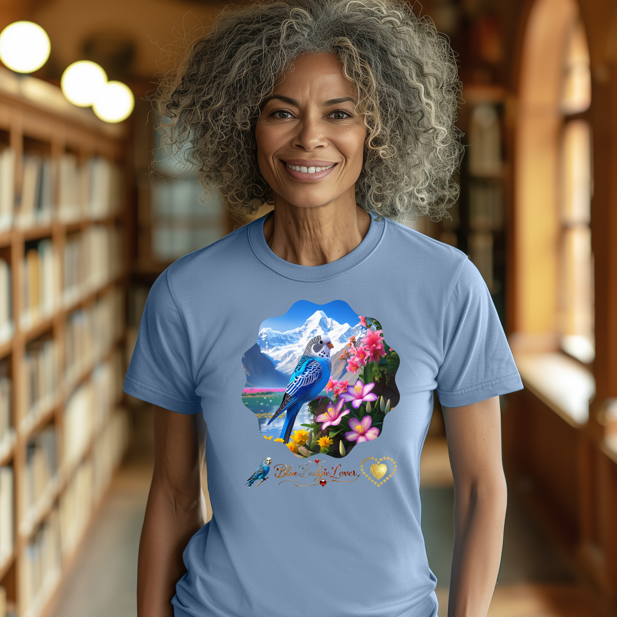 Blue Budgie Lover Floral T-Shirt