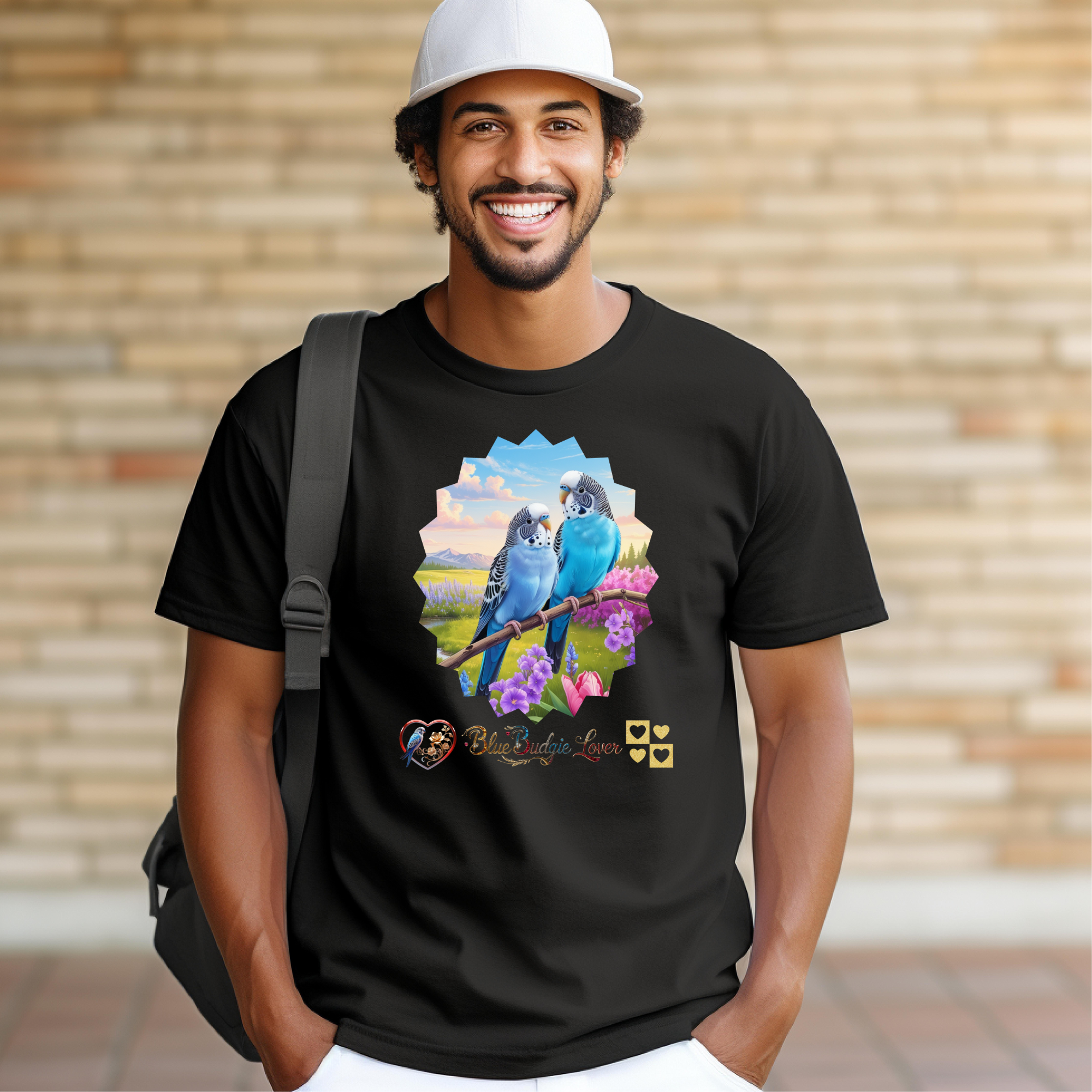 Blue Budgie Lover Floral Scenic T-Shirt