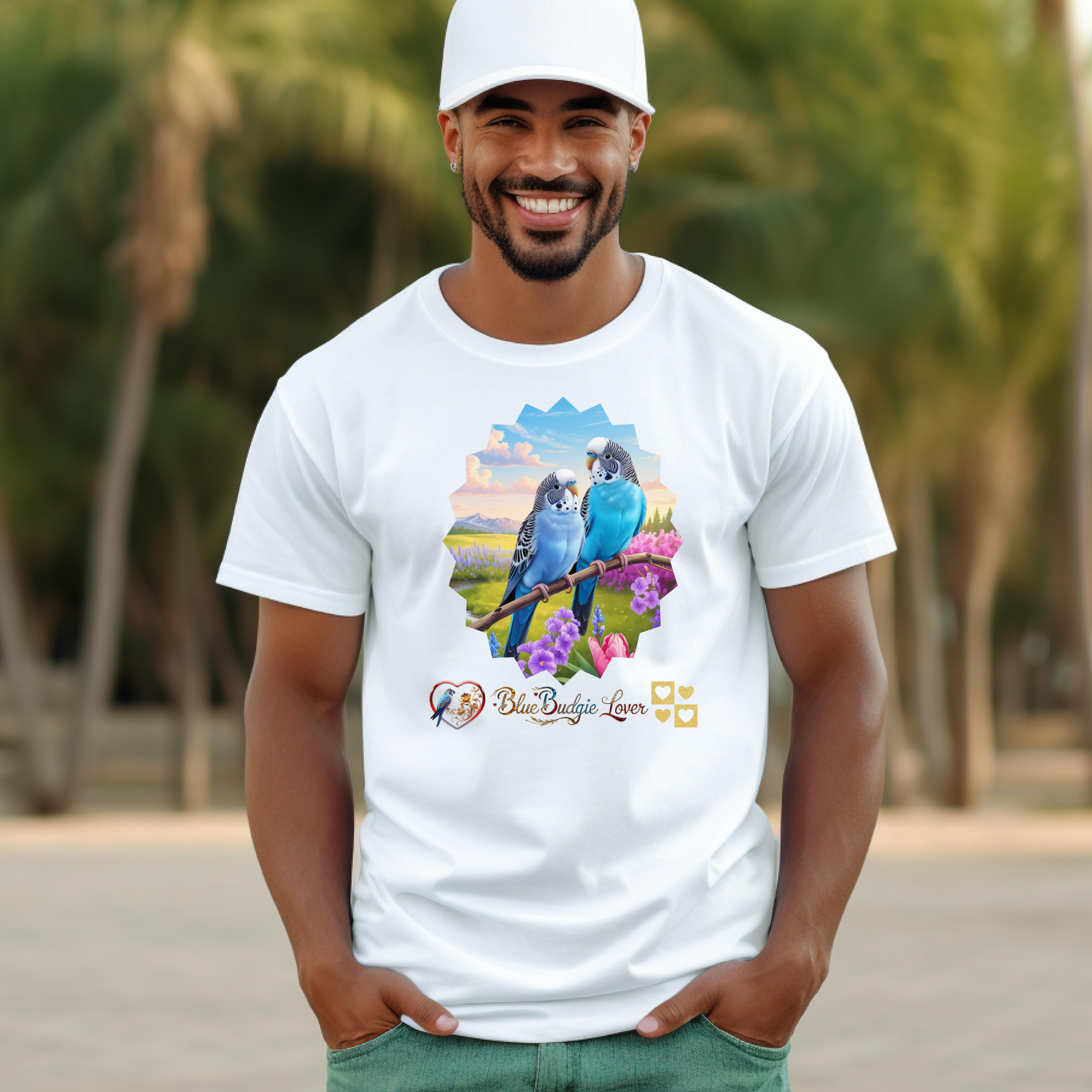 Blue Budgie Lover Floral Scenic T-Shirt