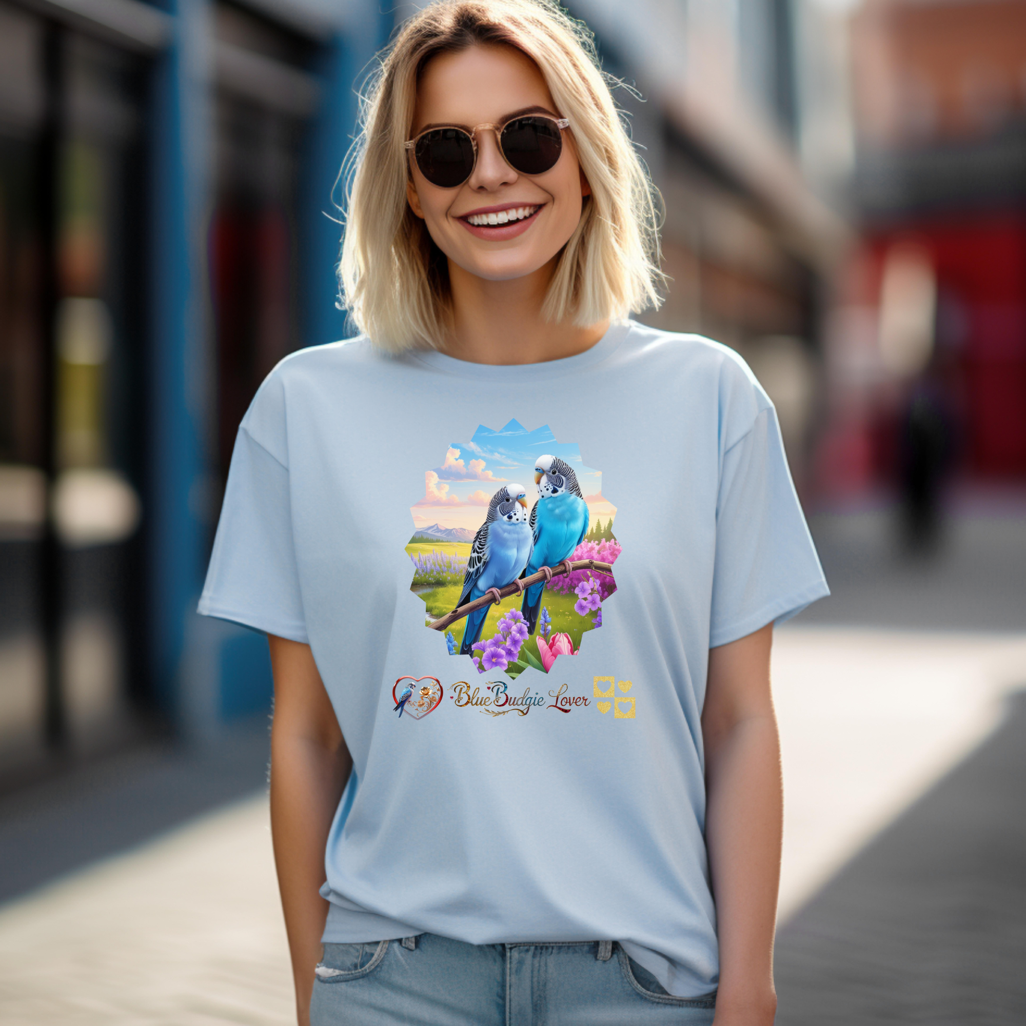 Blue Budgie Lover Floral Scenic T-Shirt