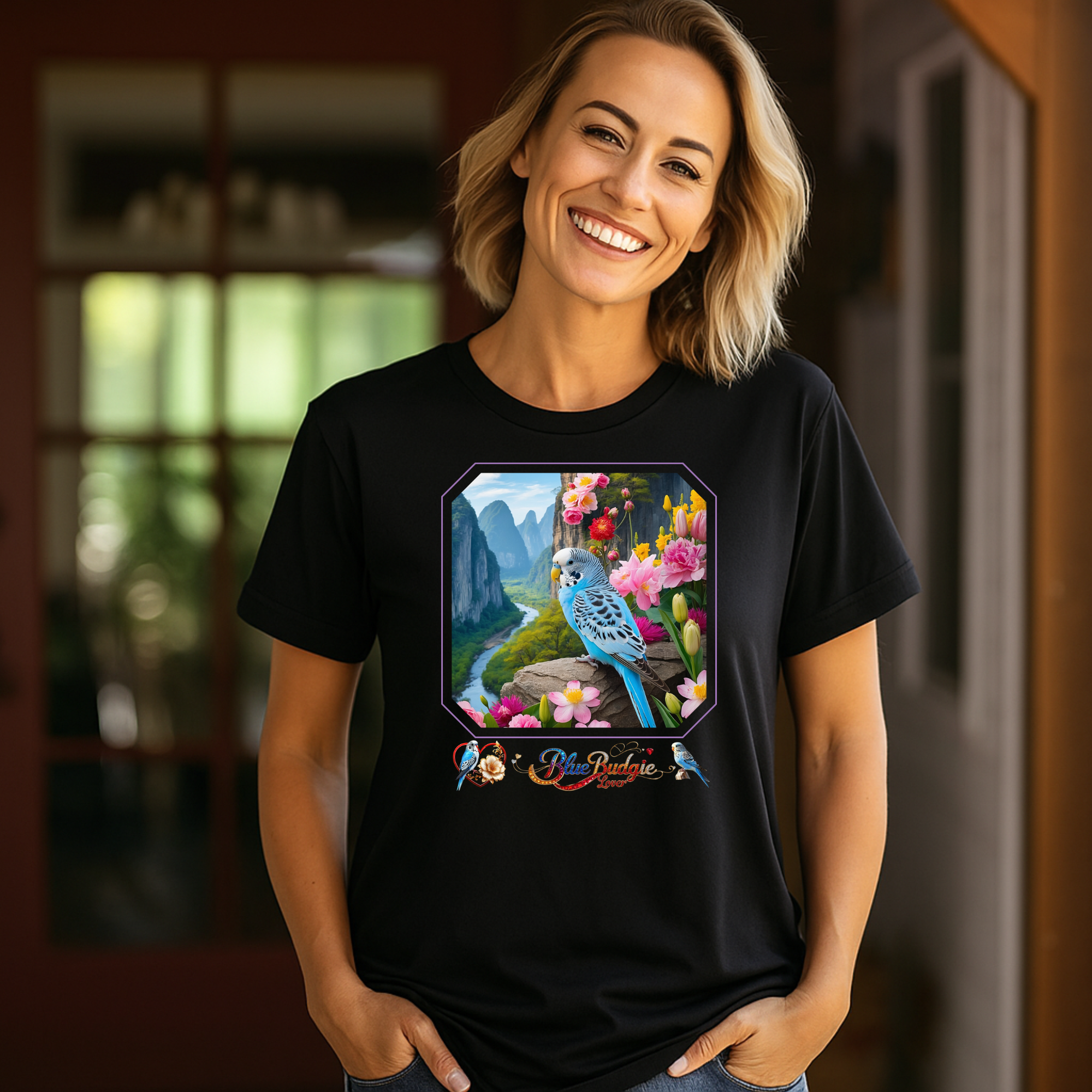 Floral Blue Budgie Lover T-Shirt