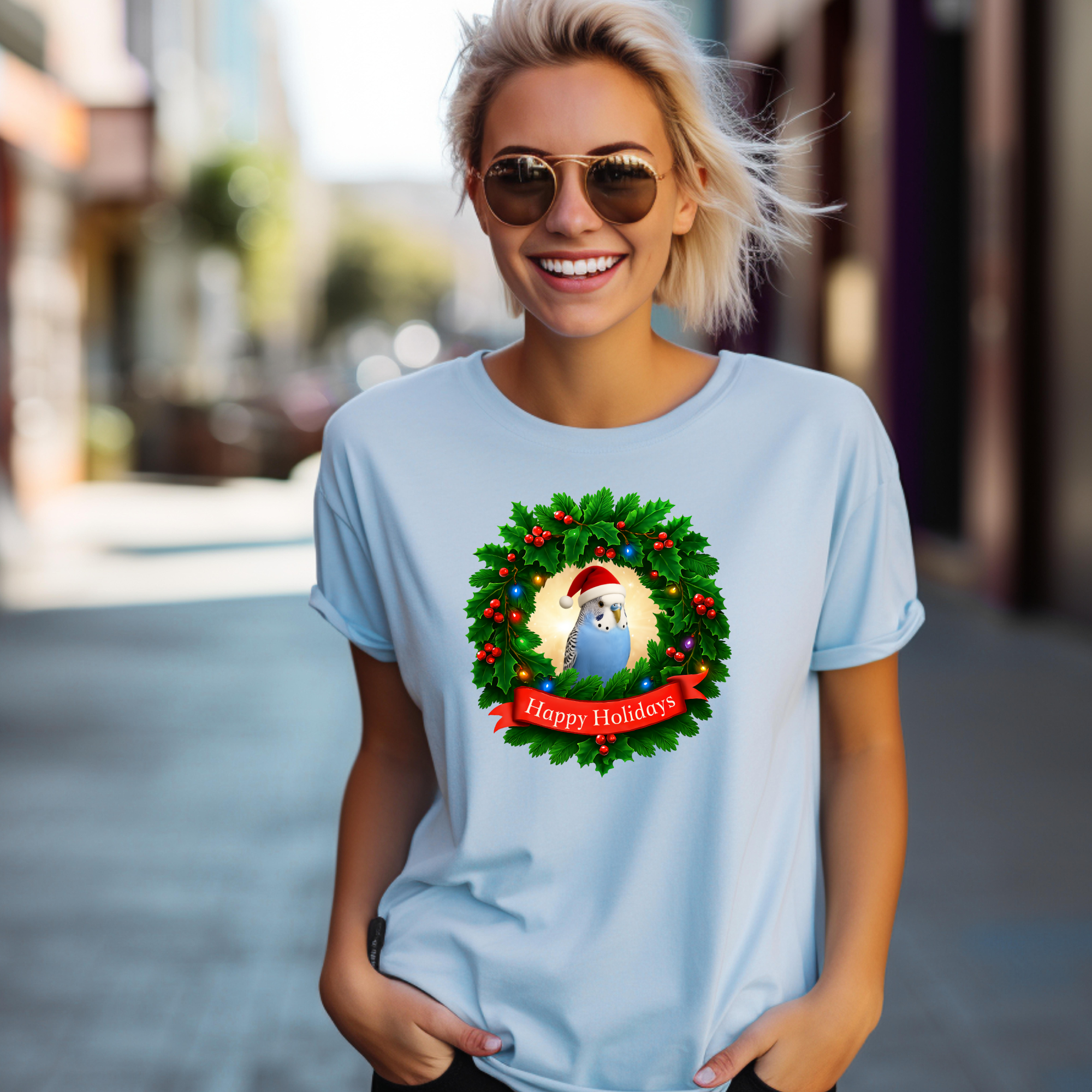 Happy Holidays Blue Budgie T-Shirt