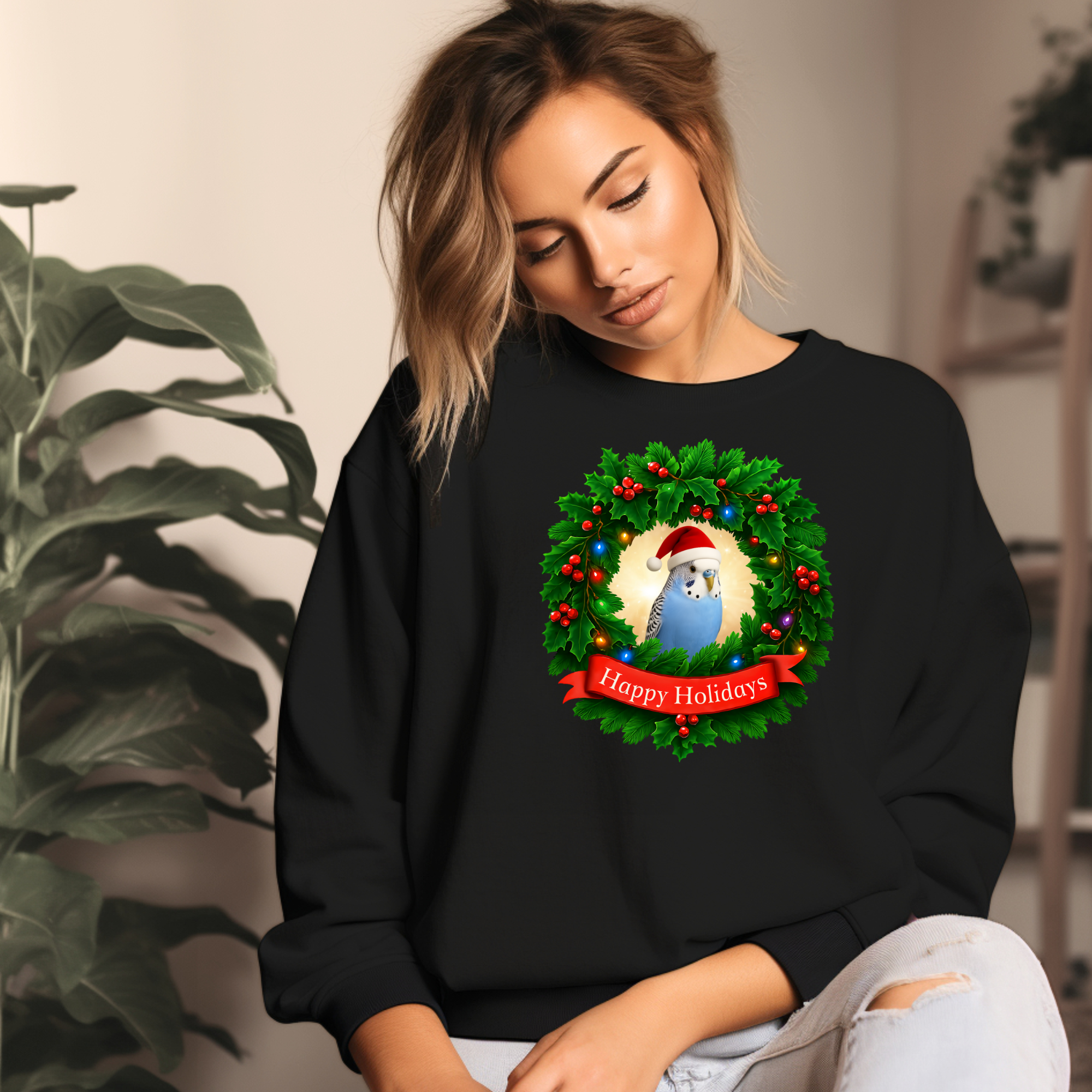 Happy Holidays Blue Budgie Sweatshirt
