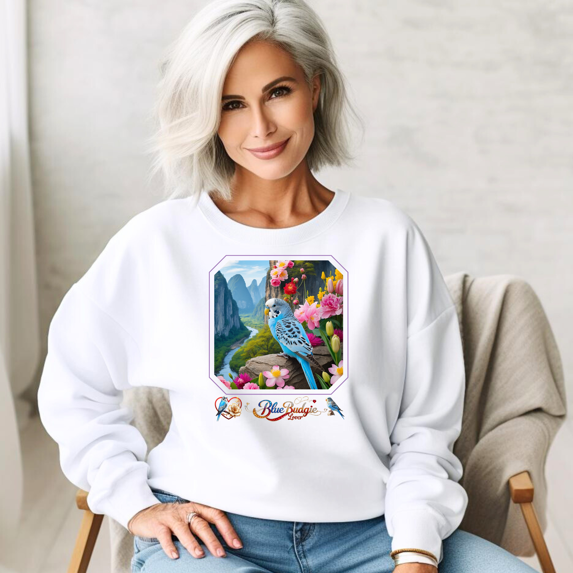 Blue Budgie Lover Floral Sweatshirt