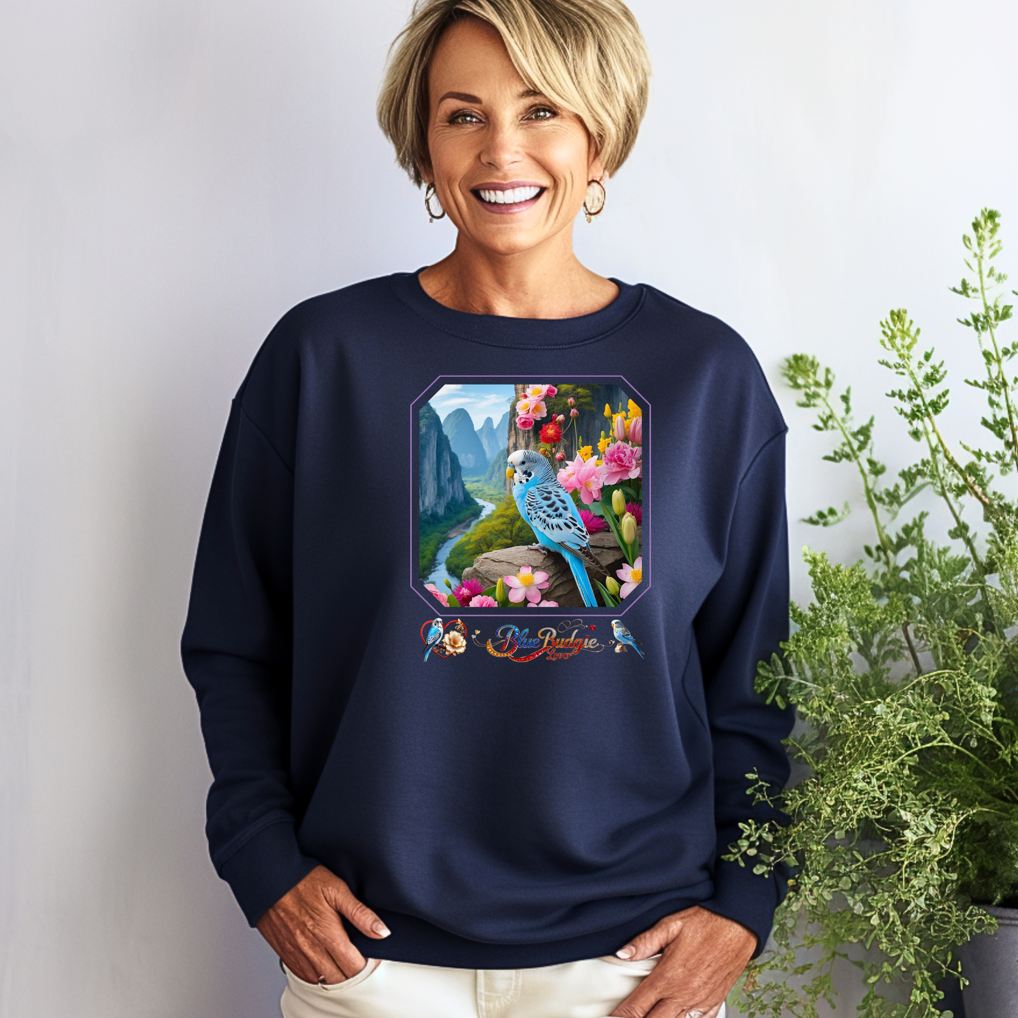 Blue Budgie Lover Floral Sweatshirt